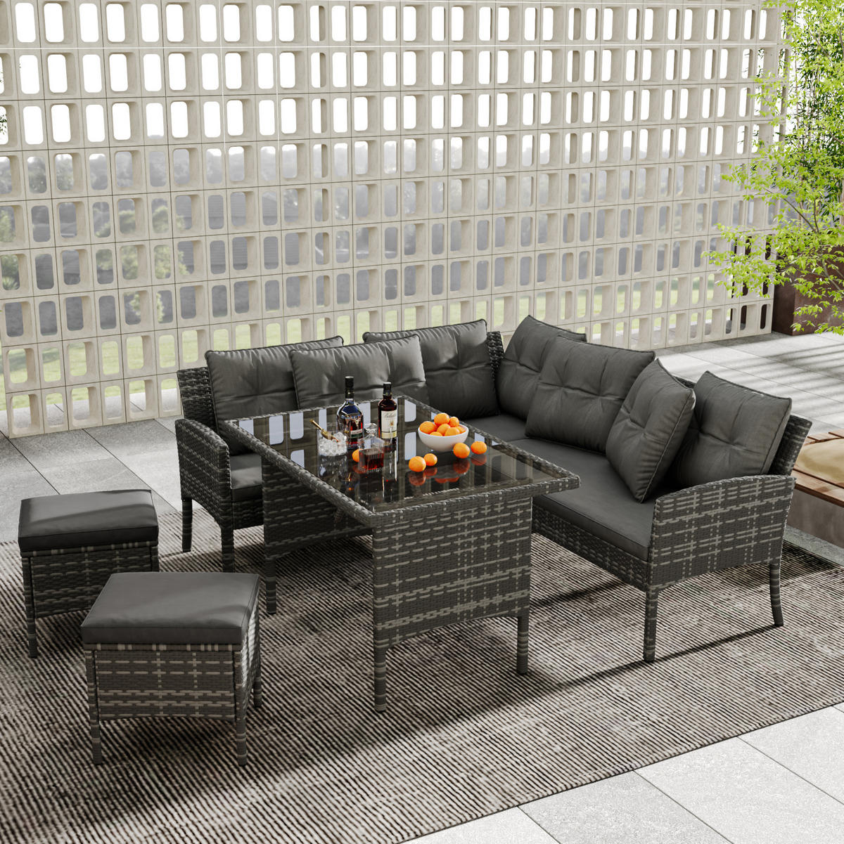 GARTENLOUNGE 195/51/78 cm grau aus PE-Rattan mit Tisch, Hockern und waschbaren Kissen - Grau, Metall - OKWISH