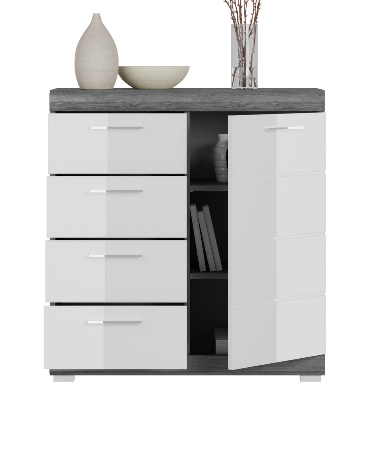 KOMMODE weiß Hochglanz, Rauchsilber grau 80 x 85 cm, 4 Schubladen - Weiß Hochglanz/Silberfarben, Holzwerkstoff/Kunststoff (80/85/37cm) - Inn.Furn