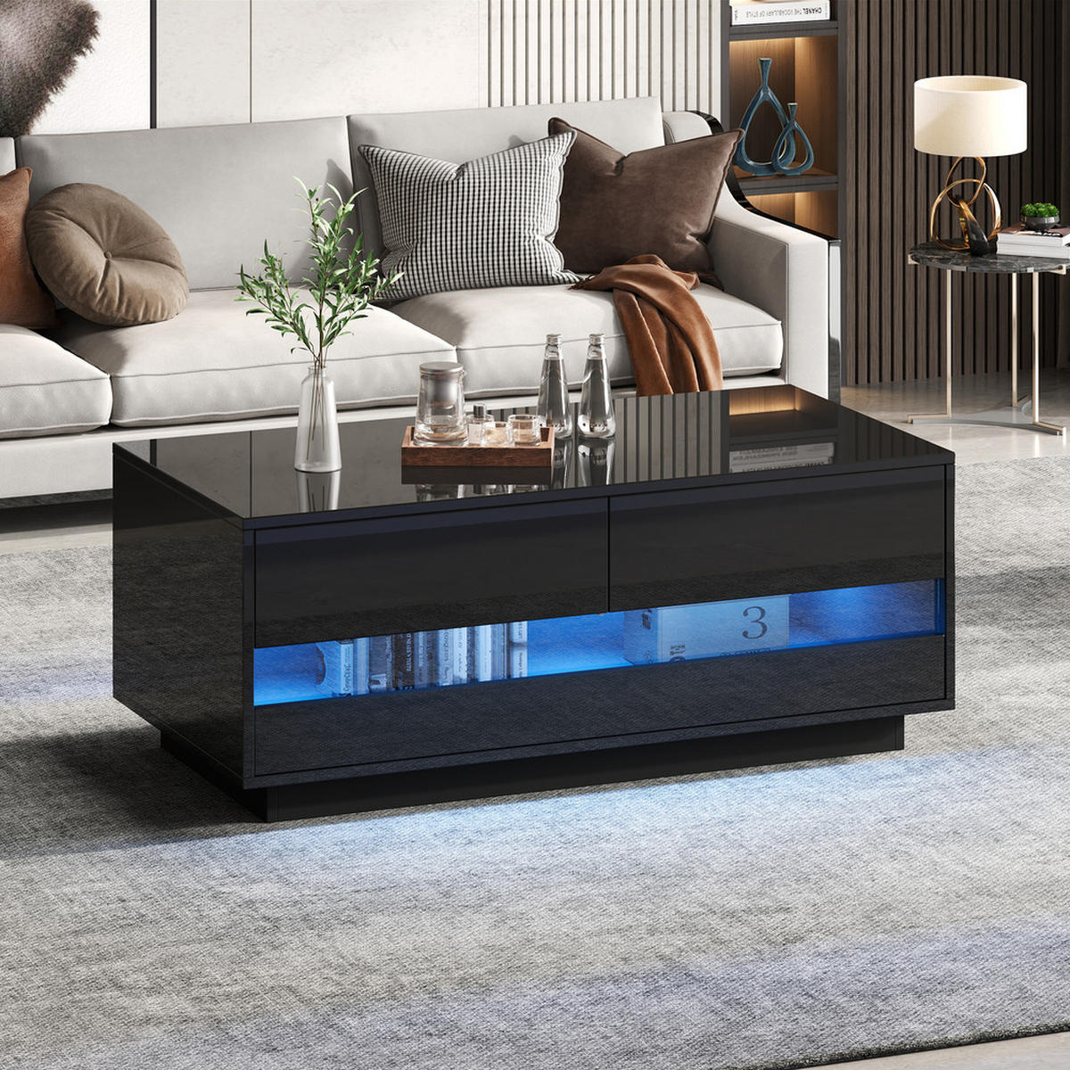 COUCHTISCH 100x50cm Schwarz Hochglanz Bluetooth LED 2 Schubladen Glas - Schwarz, Holz (111.51/58.04/16.51cm) - FLIEKS
