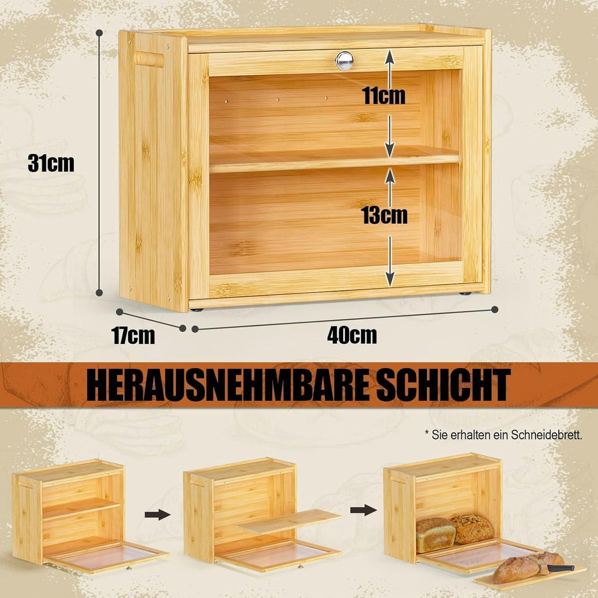 BROTKASTEN Bambus mit 2 Regalen 40 cm - Hellbraun, Naturmaterialien (17.5/31/40cm)