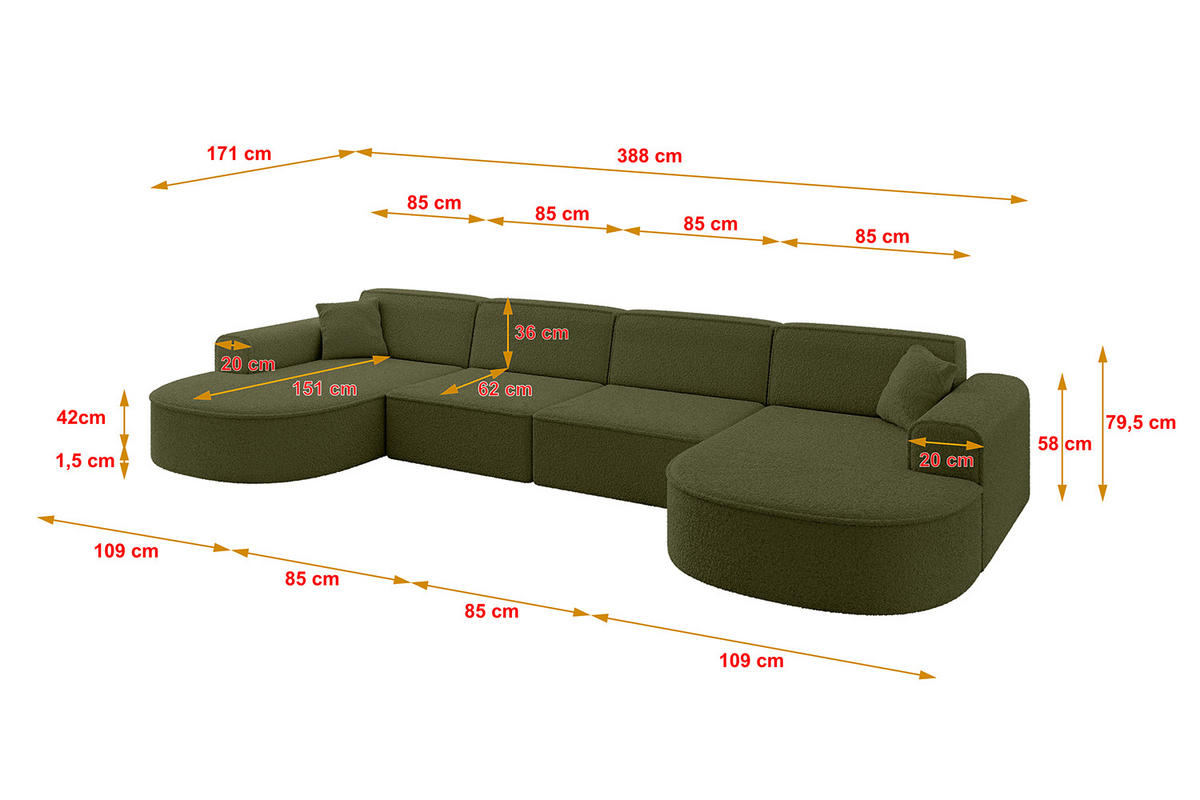 WOHNLANDSCHAFT MARI-U2 - 388x171x79 cm Grün Bouclé - Schwarz/Grün, Holzwerkstoff/Kunststoff (388/79/171cm) - ALTDECOR