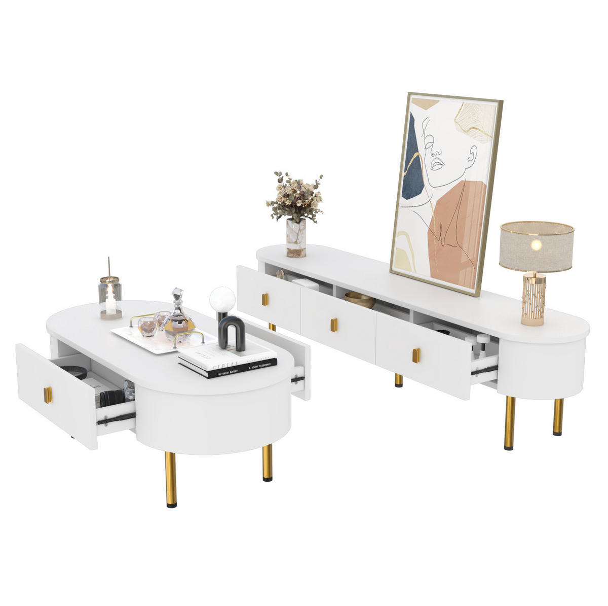 LOWBOARD-SET in Weiß: TV-Schrank 174/35/41 cm & Couchtisch 108/50/40 cm mit Schubladen - Weiß, Holzwerkstoff (174/41/35cm) - Flora Grace