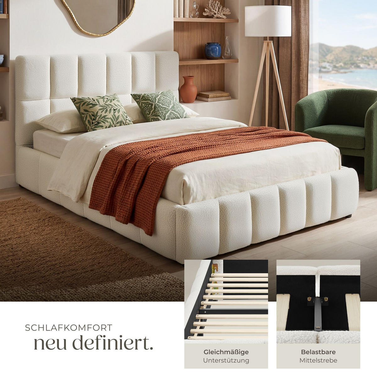 POLSTERBETT Shirley, Belastbarkeit 250 kg, Teddy creme - Creme, Holz (140/200cm) - tectake