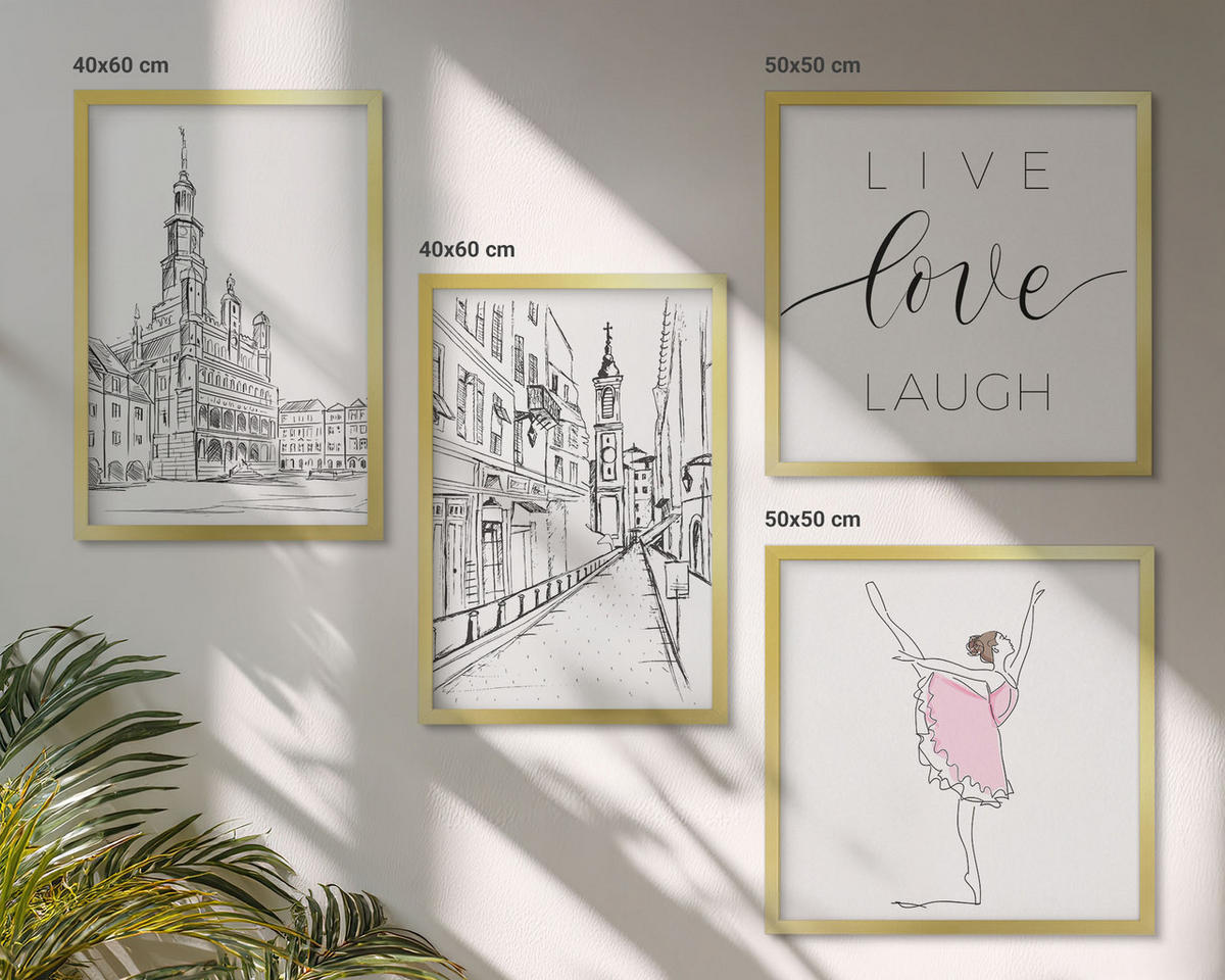 BILDER SET 4er Set - 50x50 cm & 40x60 cm Goldrahmen - Stilvolle Grafik, Ballerina-Architektur - Goldfarben, Kunststoff (50/50cm) - TULUP