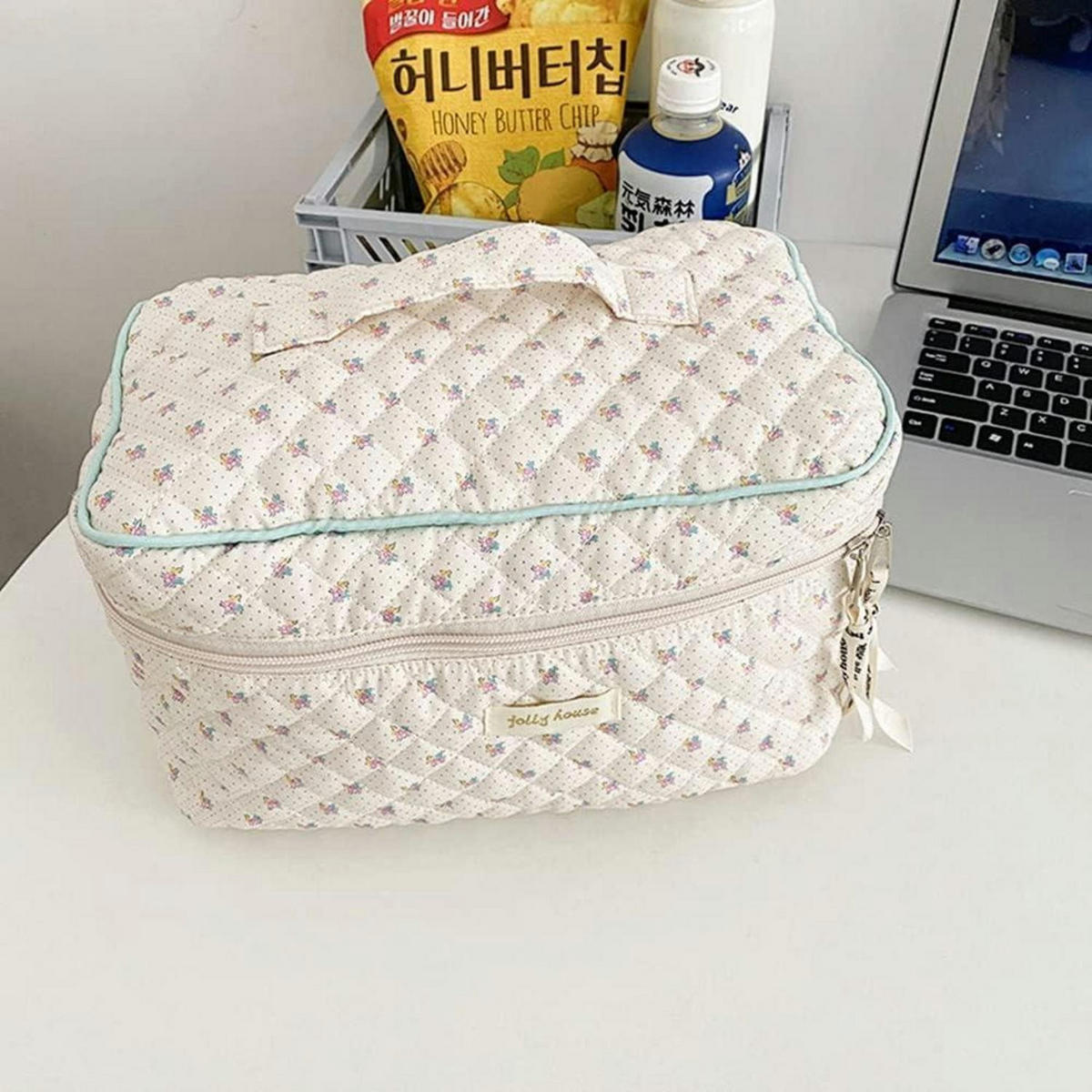 KULTURTASCHE Damen Beige Blumenmuster Baumwolle Flip-Cover - Multicolor, Textil (16/16/27cm)