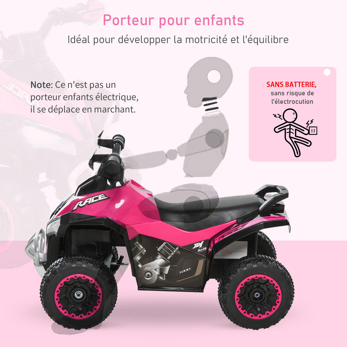 KINDERQUAD DE-16913 mit LED-Licht & Sound Pink/Schwarz - Pink, Kunststoff (67/38/44cm) - ComfortXL