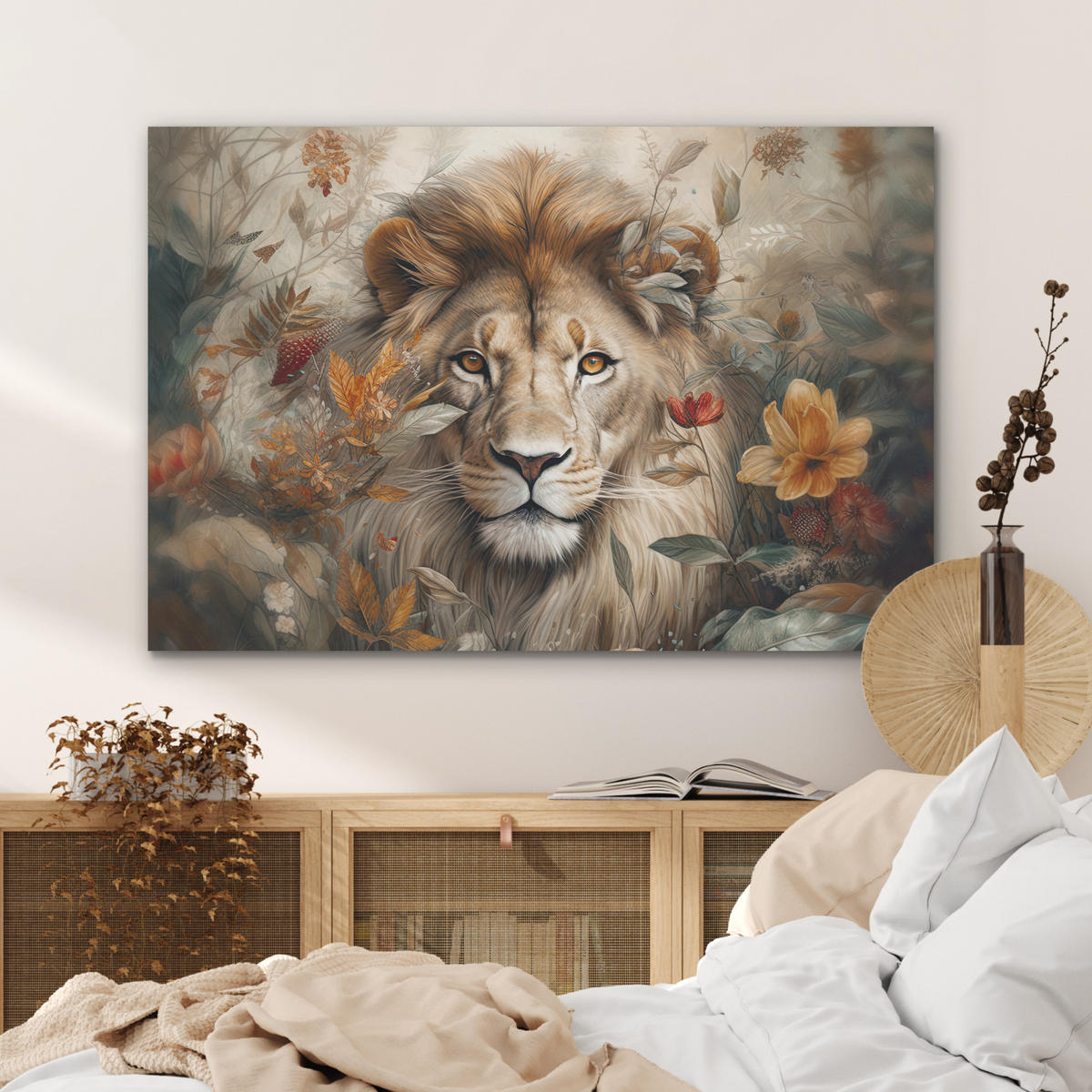 AKUSTIKBILD Löwe - Wildtiere - Pflanzen - Natur - Blumen Akustikpaneele 90x60 cm - Beige, Kunststoff (90/60/0.9cm) - MuchoWow