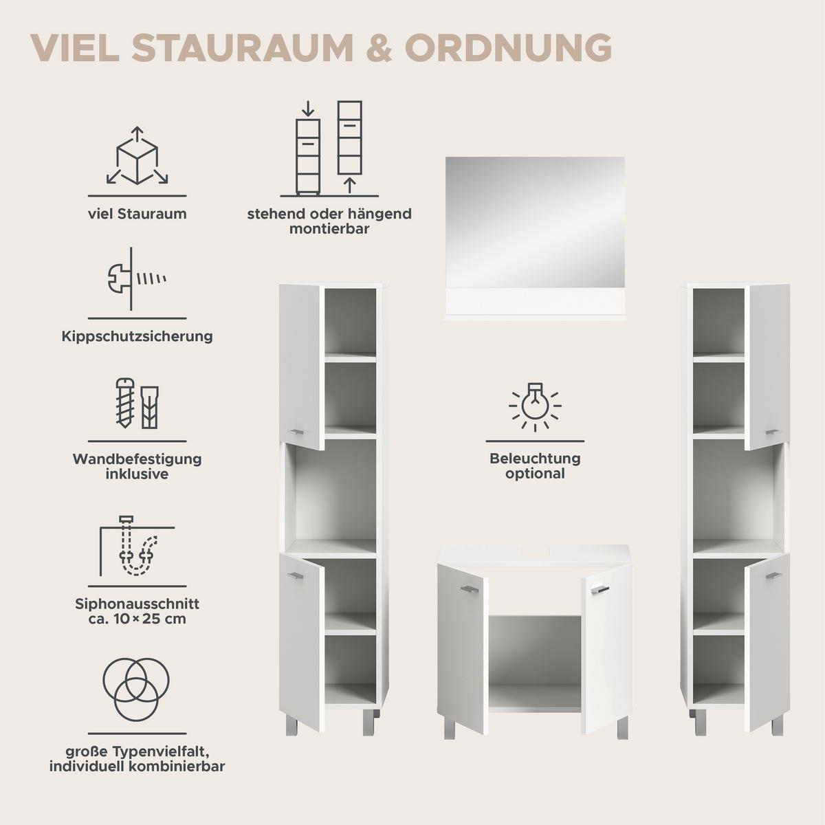 BADKOMBINATION 4tlg. Boston/Tampa Bad in weiß Nachbildung - modernes Design - B/H/T: 137x186x33 cm - Weiß, Holzwerkstoff (137/186/33cm)
