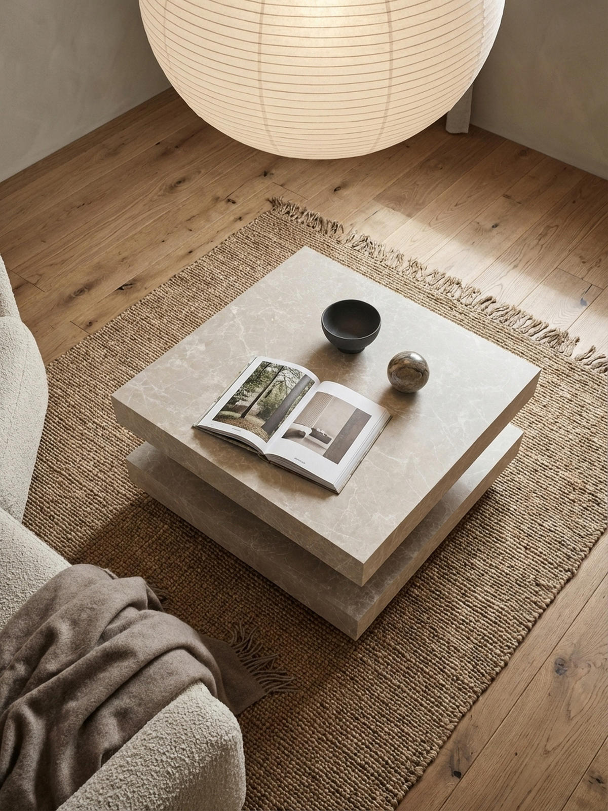 COUCHTISCH in Stein-Optik mit Stauraum, Modernes Design, Quadratisch, Beige 60x60x34 cm - Beige, Holzwerkstoff (60/60/34cm) - KADIMA DESIGN