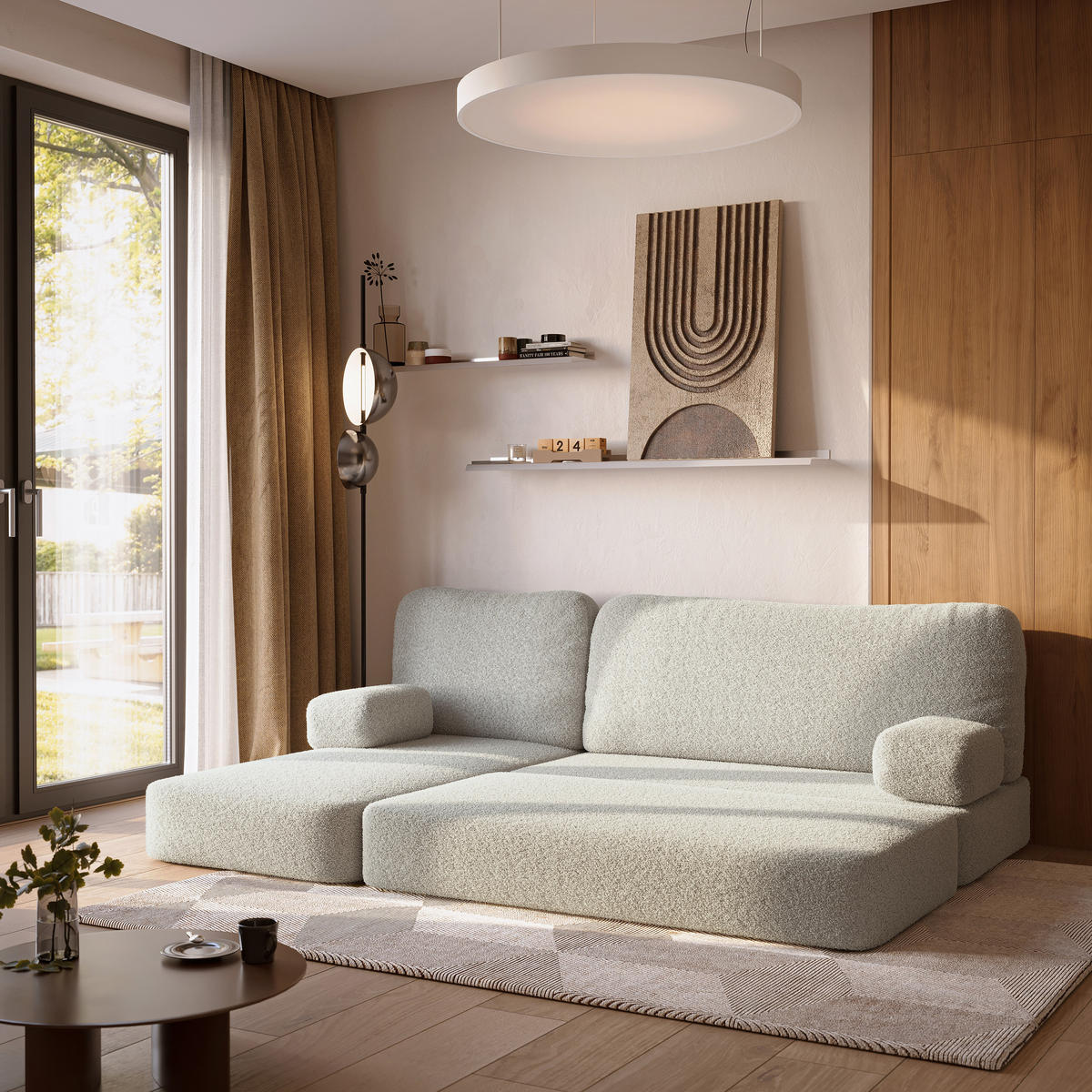 ECKSOFA SABI modulares Boneless Sofa mit Schlaffunktion Hellgrau Boucle-Stoff - Hellgrau, Textil (200/120cm) - MASSENO