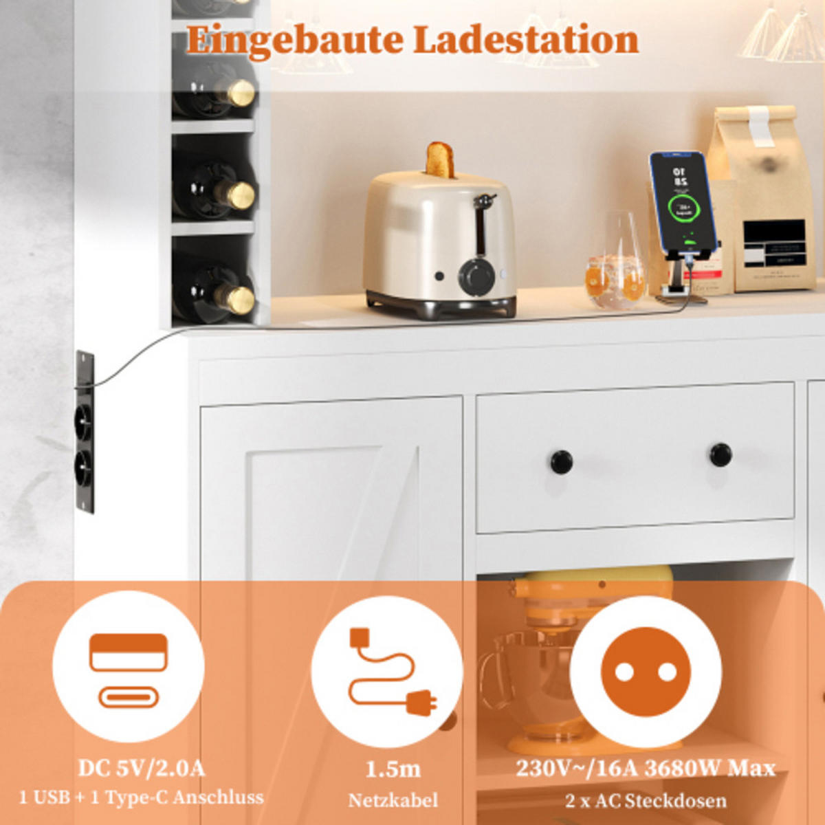 KÜCHENSCHRANK weiß aus MDF mit App-LED, integriertem Strommodul und Weinfächern 105 × 40 × 180 cm - Weiß, Holzwerkstoff (105/180/40cm) - Luhomfu
