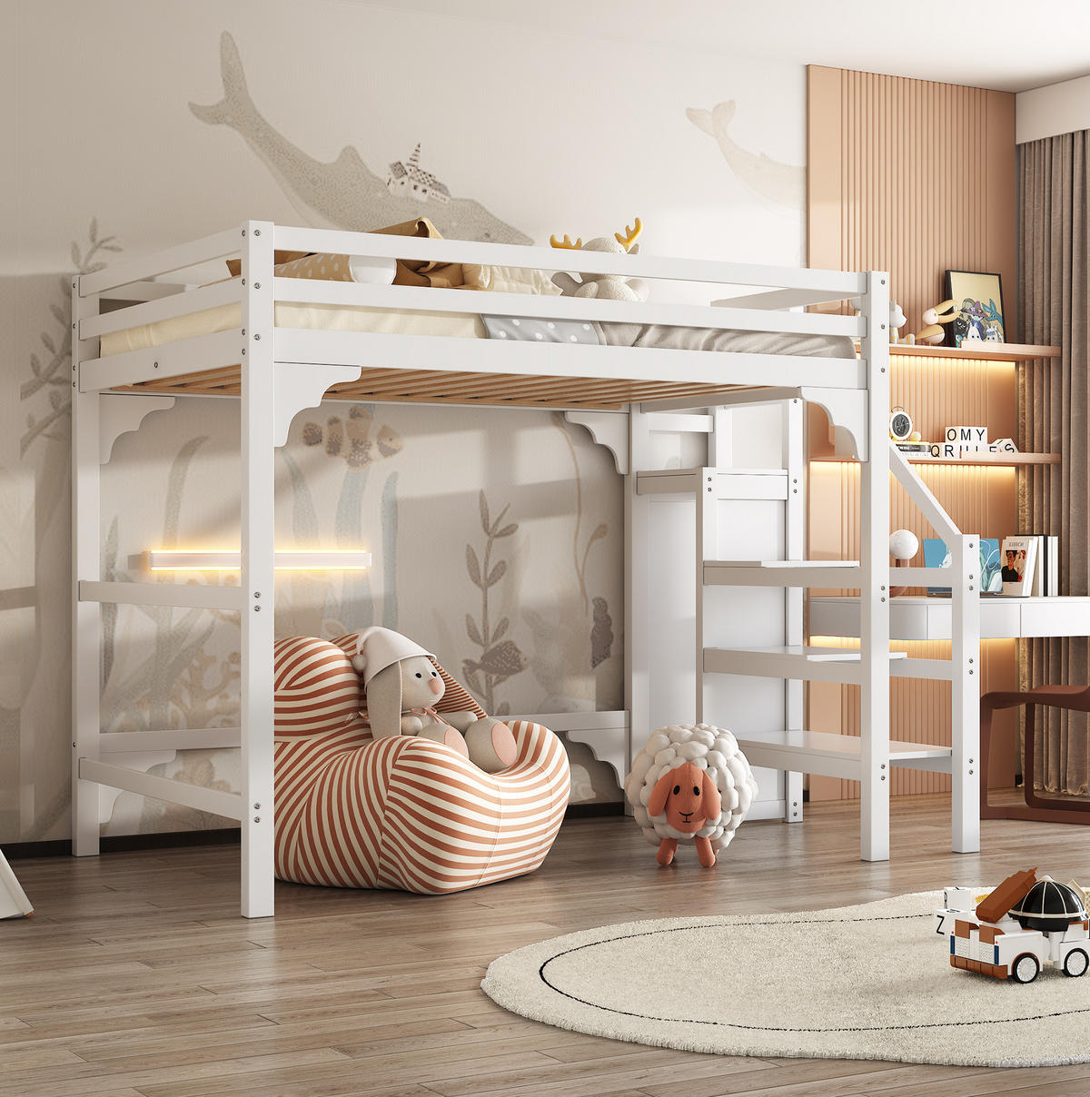 HOCHBETT 140/200 cm Weiß mit Kleiderschrank und Stauraumtreppe - Weiß, Holz (140/200cm) - Flora Grace