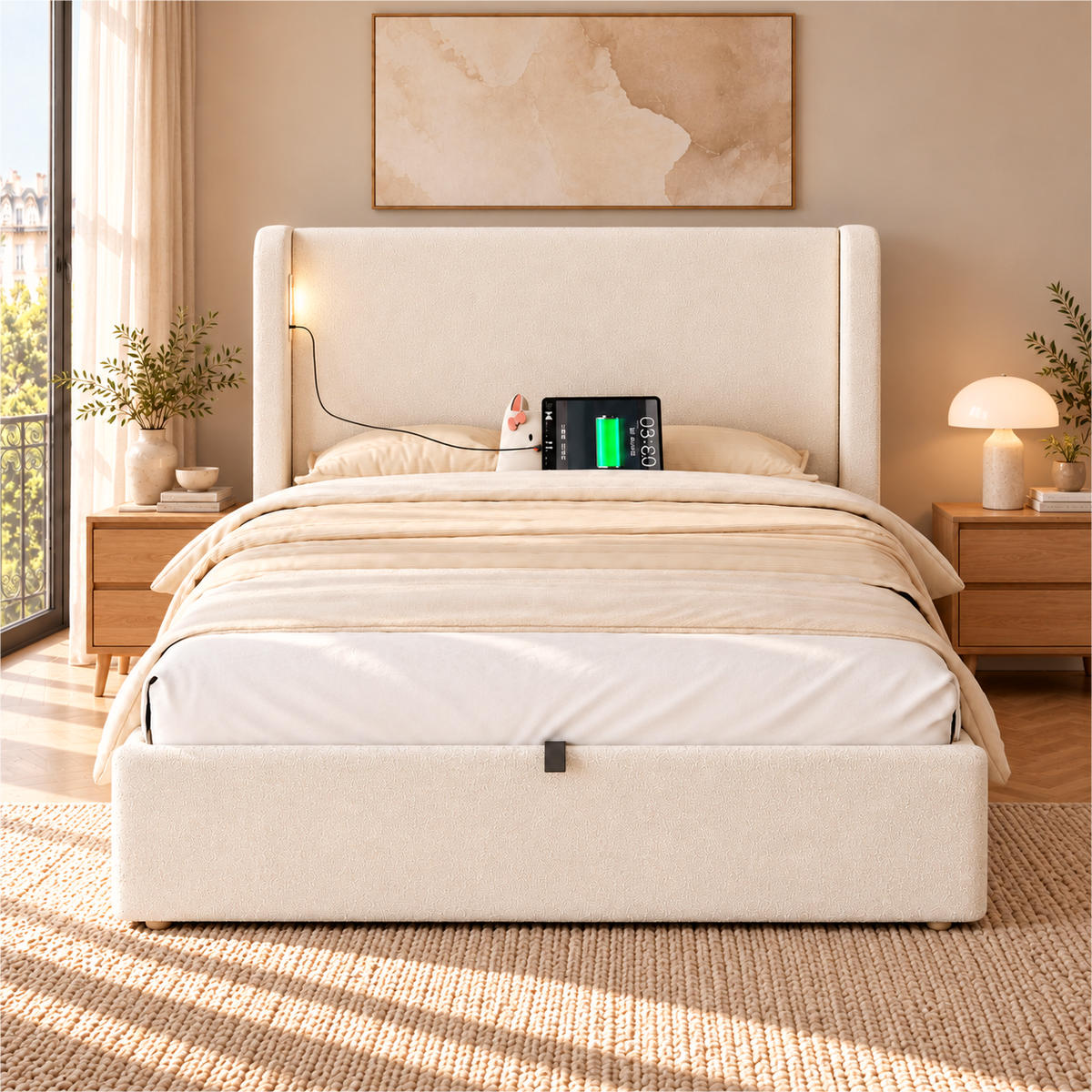POLSTERBETT 90x200cm, Beige, Bouclé, Stauraum - Beige, Textil (90/200cm) - FLIEKS