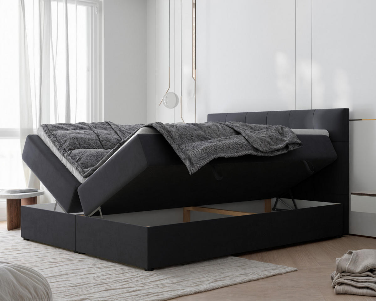 BOXBETT RENZO 200/200 cm mit Matratze und Topper, Dunkelgrau - Dunkelgrau, Holzwerkstoff/Textil (200/200cm) - Idohome