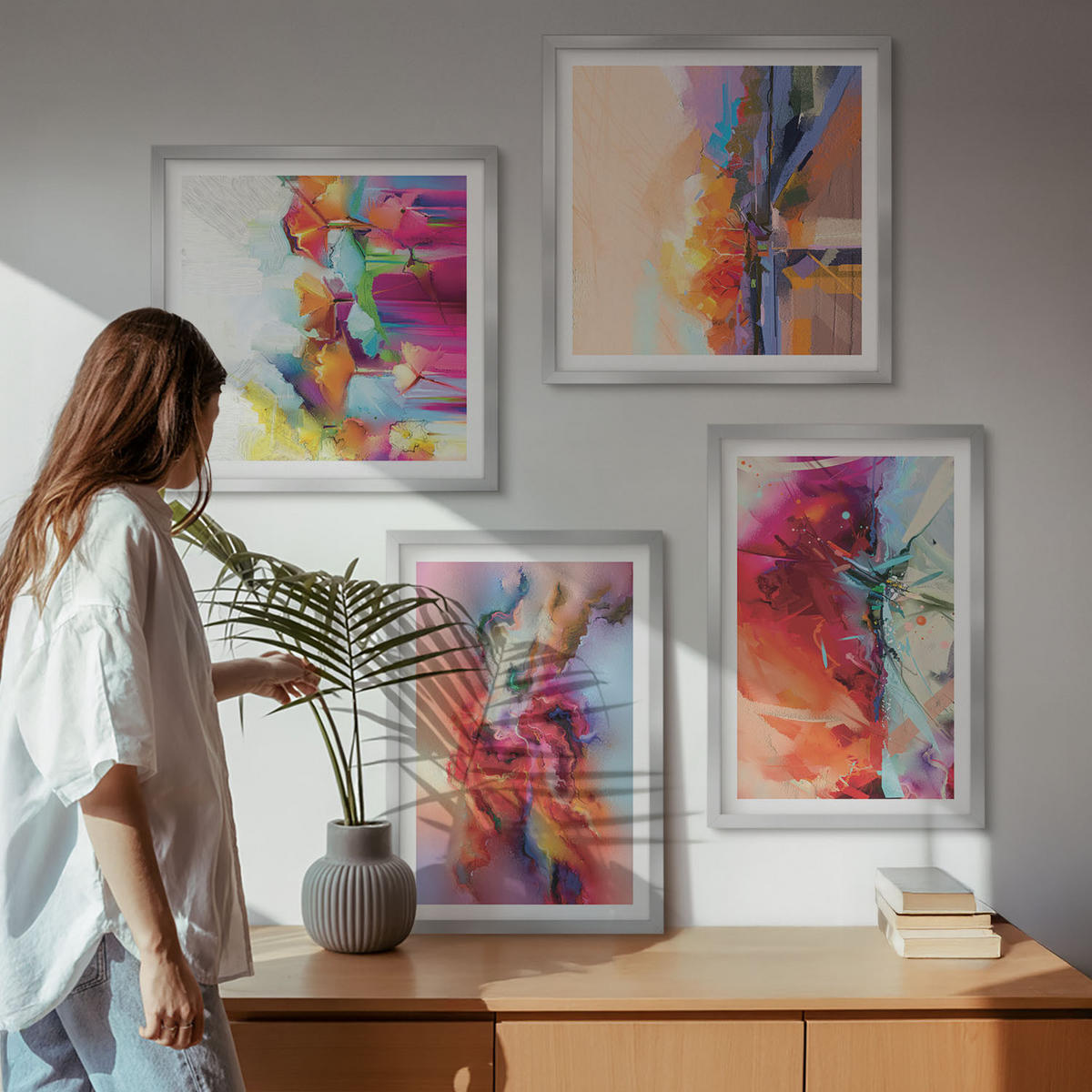 BILDER SET 4er Set - 50x50 cm & 40x60 cm Silberner Rahmen - Farbenfrohe Abstraktionen der Form - Silberfarben, Kunststoff (50/50cm) - TULUP