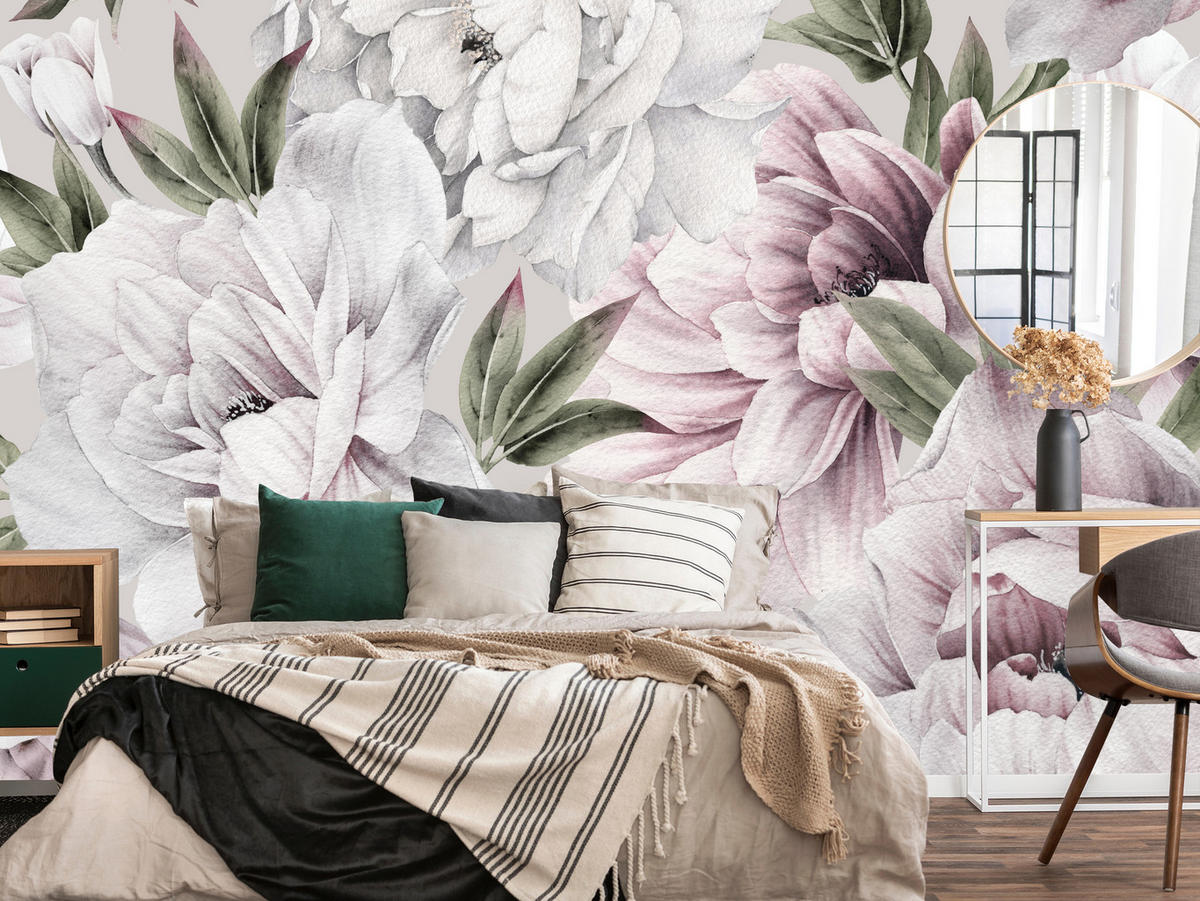 FOTOTAPETE für Schlafzimmer Pastell Pfingstrosen Boho Pflanzen 400x280 - Violett/Rosa, Papier (400/280cm) - Muralo