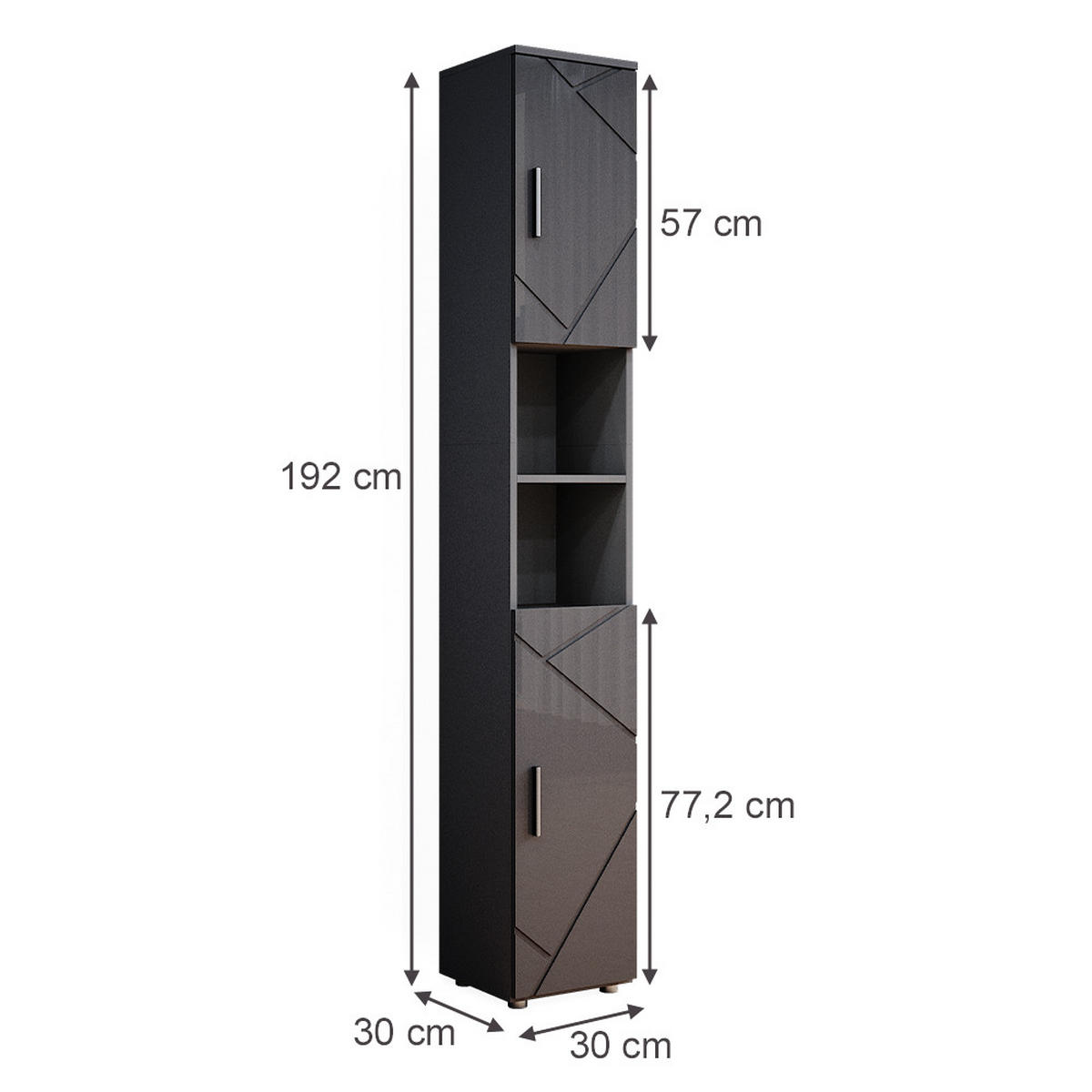 BADSCHRANK Irma Anthrazit Hochglanz 30 x 192 cm - Anthrazit, Holzwerkstoff (30/192/30cm) - Vicco