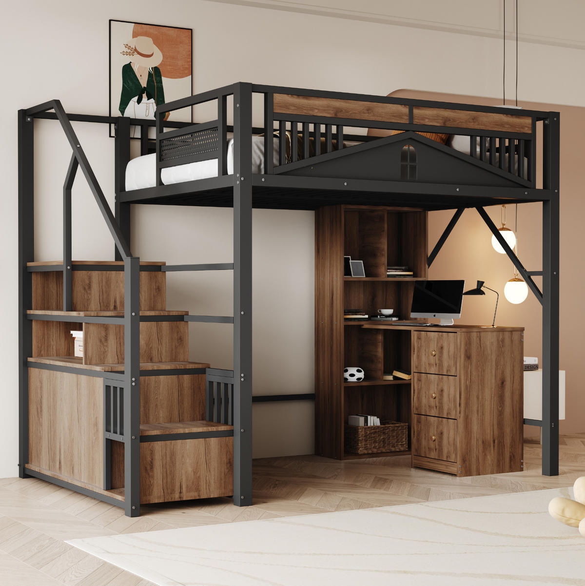 HOCHBETT 140/200 cm Schwarz aus Metall und Holz mit Stauraum - Schwarz, Metall (140/200cm) - OKMYHOME