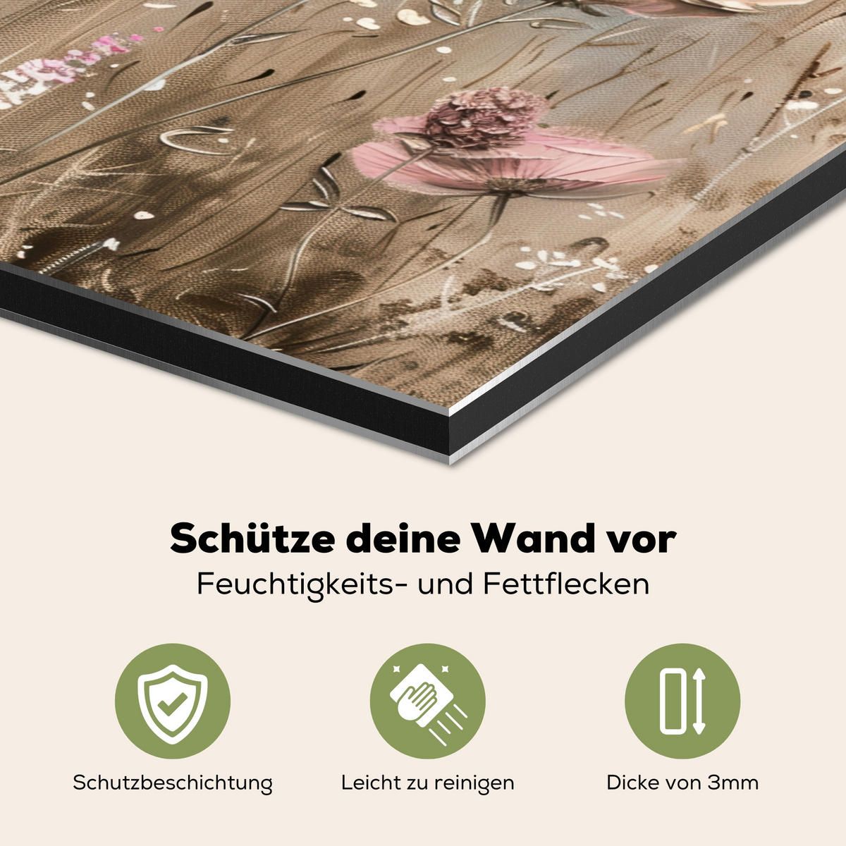 SPRITZSCHUTZ KÜCHE Blumen - Beige - Trockenblumen 60x40 cm - Beige, Metall (60/0.3/40cm) - MuchoWow