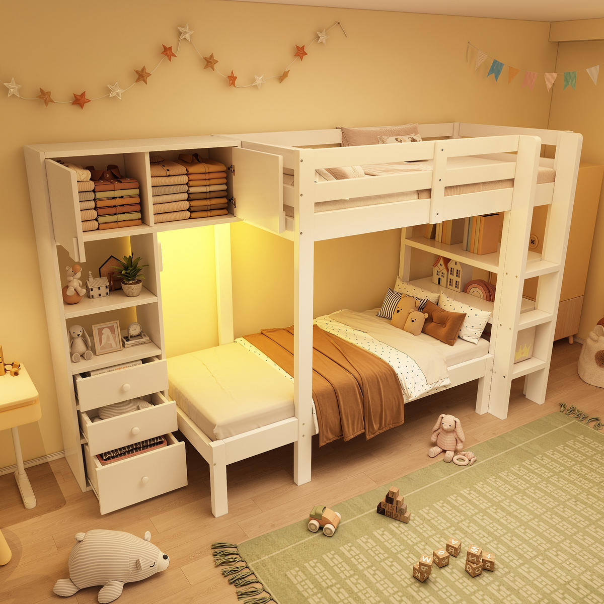 ETAGENBETT 90/200 cm Weiß mit Schrank, Regal und Schubladen - Weiß, Metall (90/200cm) - Flora Grace