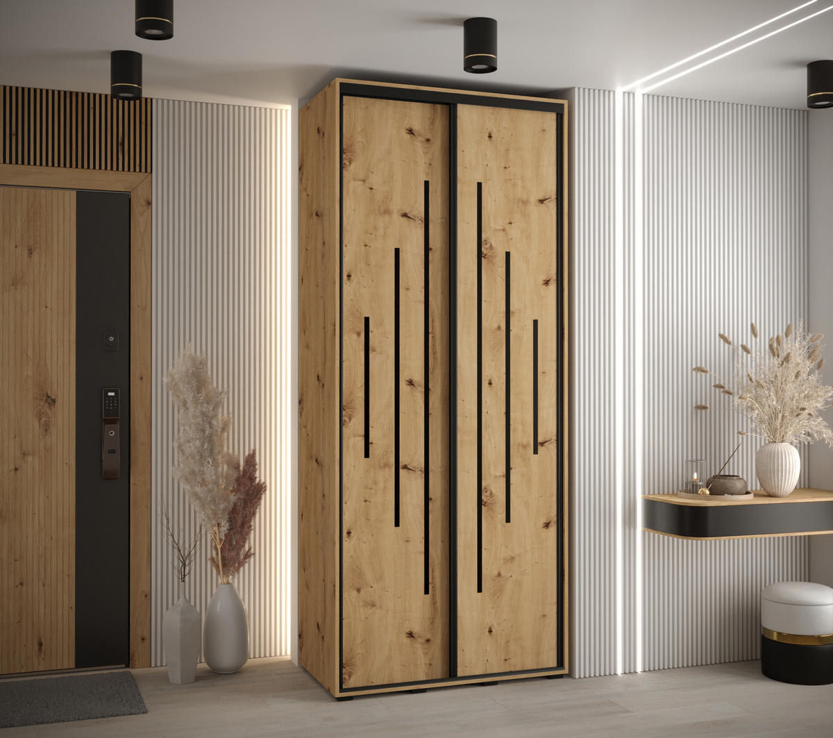 SCHWEBETÜRENSCHRANK 235,2/120/60 2-türig - Schwarz/Eiche Artisan, Holz/Metall (120/235/60cm) - Abiks Möbel