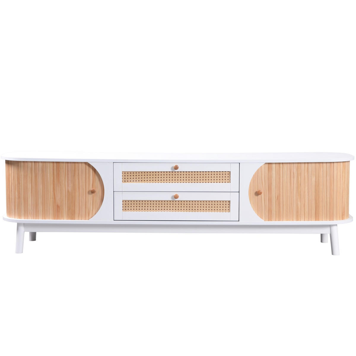 TV ormarić 170/39,5/46 cm bijeli od MDF-a s vratima i ladicama od ratana - bijela, drvni materijal (170/39.5/46cm) - OKWISH
