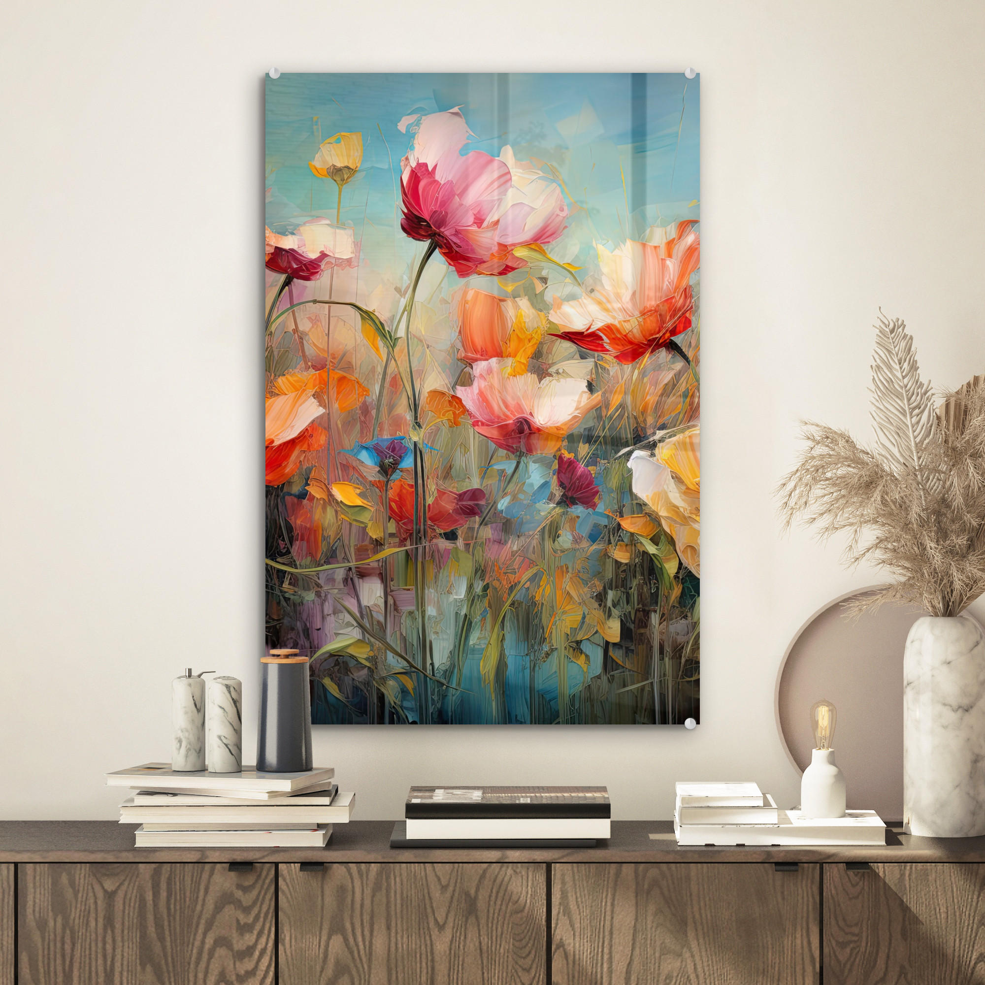 ACRYLGLASBILD Blumen - Aquarell - Kunst - Botanisch - Natur 40x60 cm - Orange, Glas (40/60cm) - MuchoWow
