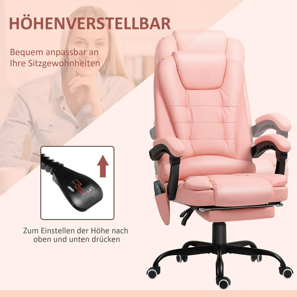 BÜROSTUHL mit 7 Punkt Massage, ergonomischer Gaming Sessel mit Liegefunktion - Schwarz/Rosa, Kunststoff/Metall (67/121/67cm) - Vinsetto