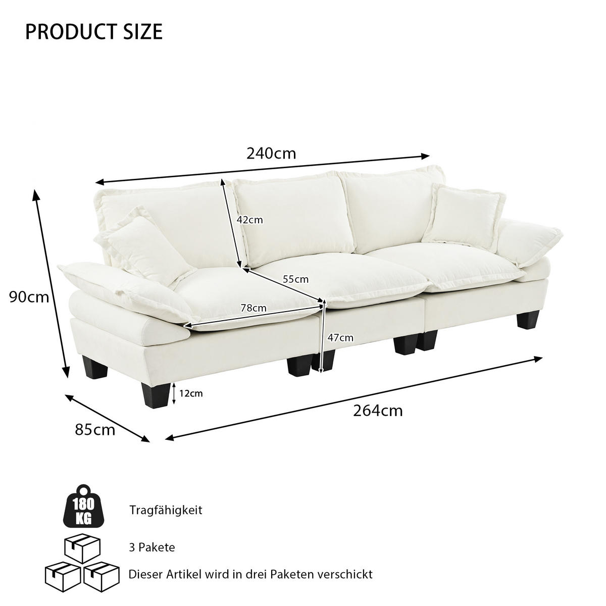 ECKSOFA 264/85/90 cm Beige mit gebogenen Armlehnen - Beige, Textil (263/82cm) - Oxeza