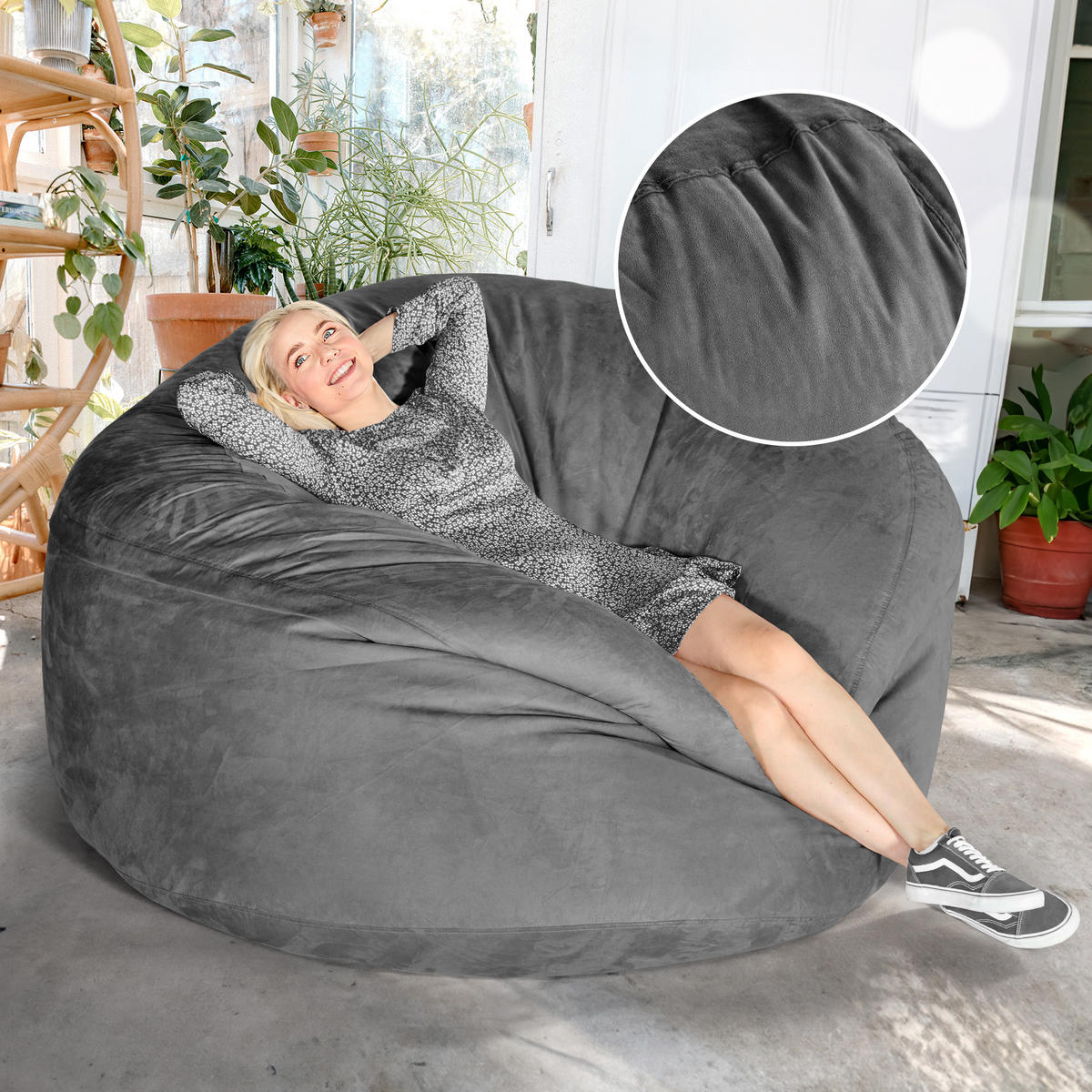 RIESEN-SITZSACK XXL JUMBO Velours 5ft - Dunkelgrau, Textil (150/120/150cm) - Green Bean