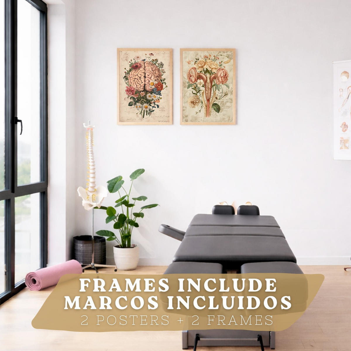 POSTER Set aus 2 Weibliche Anatomie Drucke und Wandbilder mit Gehirn und Gebärmutter Botanischer Retro Floraler Stil Größe Leichter Holzrahmen A4 - Beige, Papier (21/29.7/3cm) - Nacnic