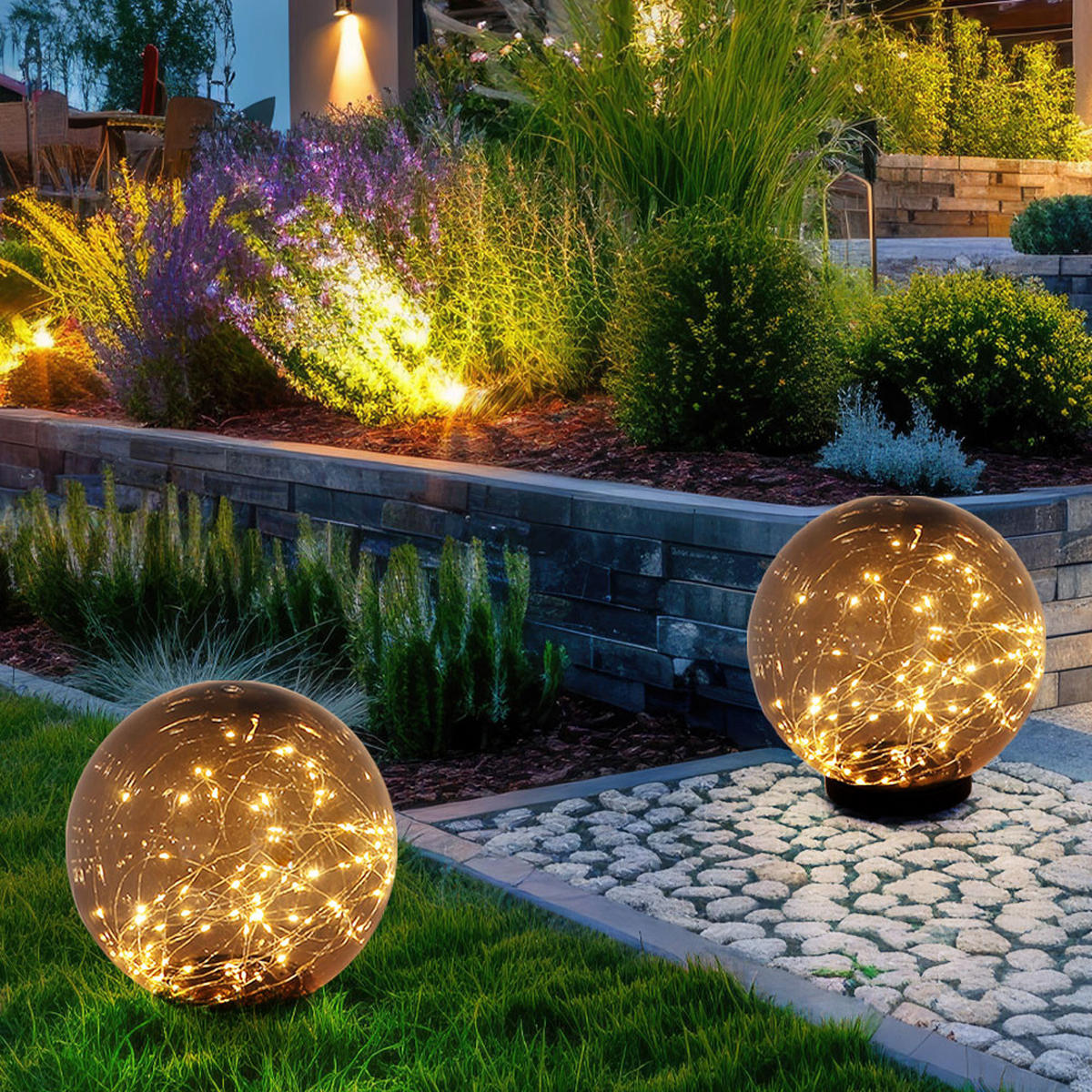 LED AUSSENLEUCHTE Kugel Grau 2er Set - Grau, Kunststoff (15/15/26cm) - Globo Lighting