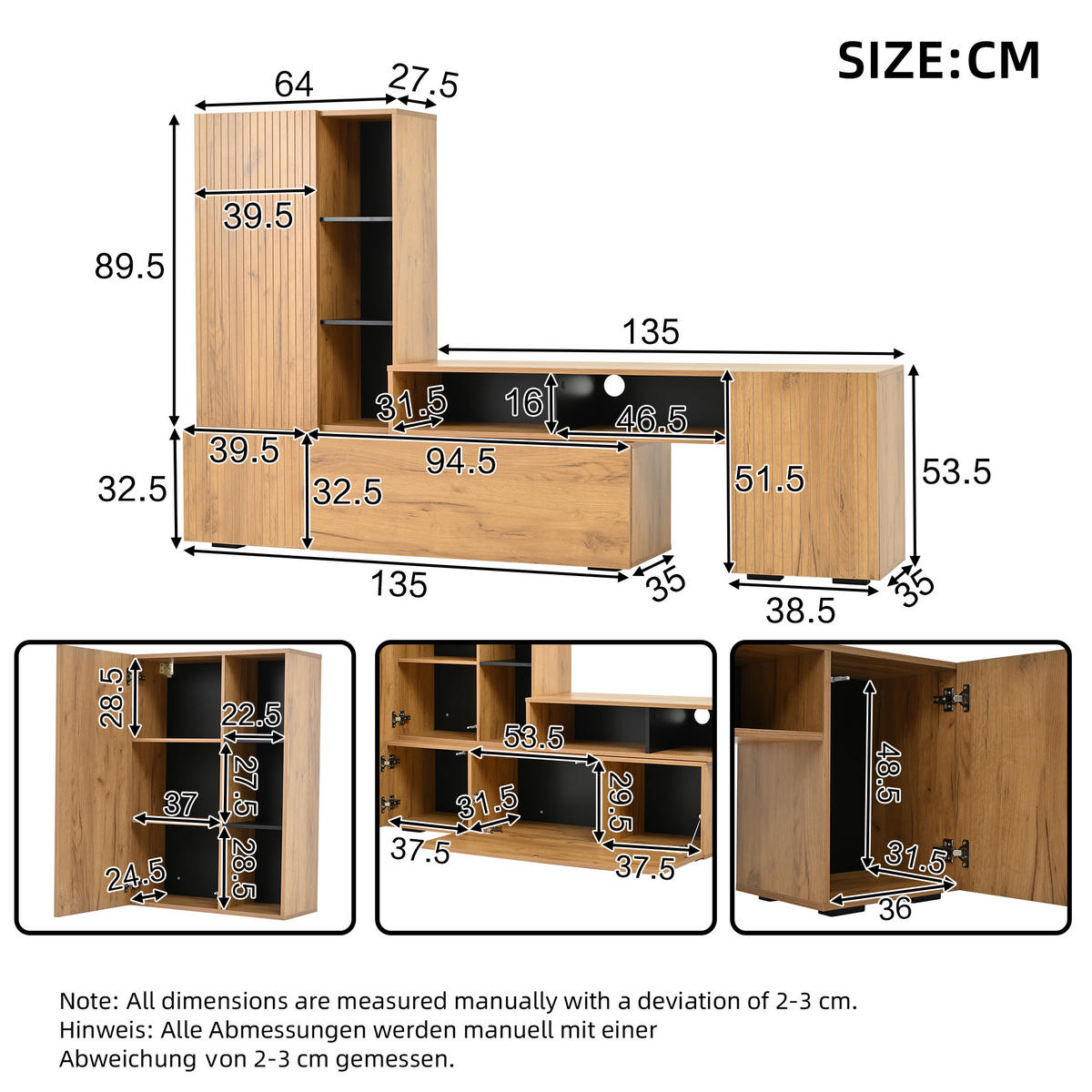 WOHNWAND Vitrine TV Board Regal Holz Schwarz 265cm - Eichefarben, Holzwerkstoff (174/53.5/35cm) - FLIEKS