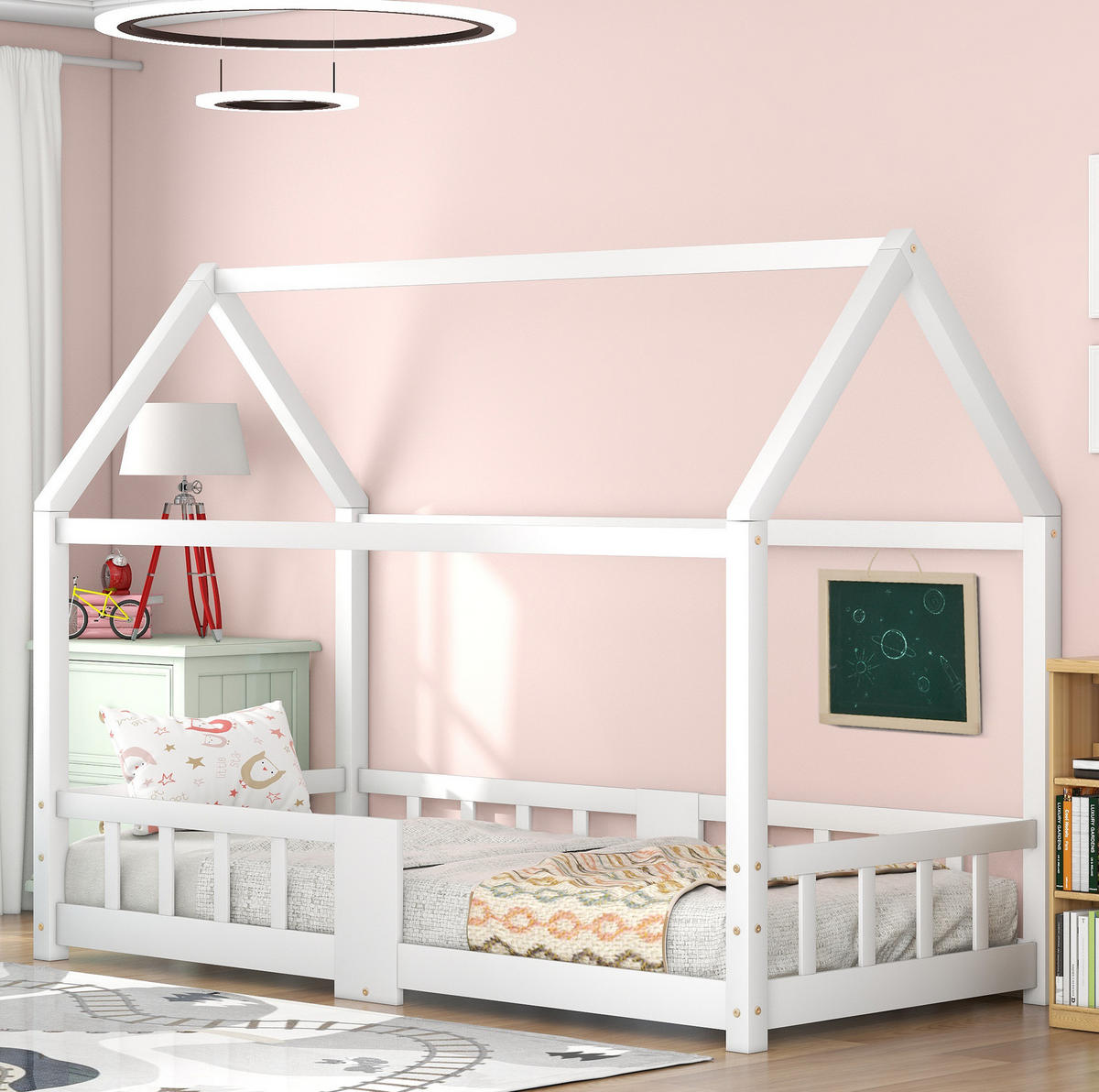 HAUSBETT 90/200 cm Weiß aus Kiefernholz mit Tafel und Rausfallschutz - Weiß, Holz (90/200cm) - OKMYHOME