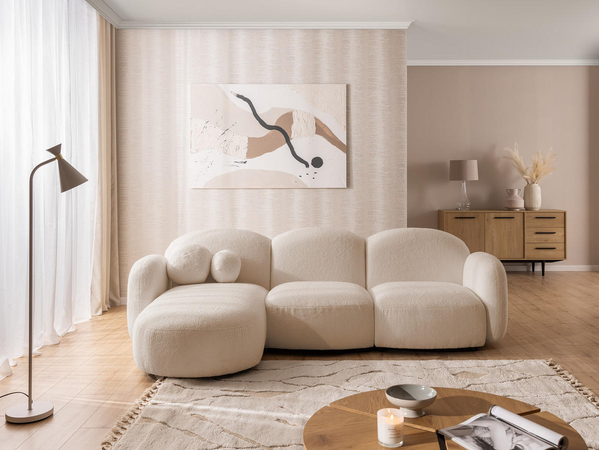 ECKSOFA Nuvola mit abgerundetem Design Hellbeige Bouclé-Stoff - Ottomane Links - Beige/Schwarz, Holz/Kunststoff (268/146cm) - S-Style Möbel