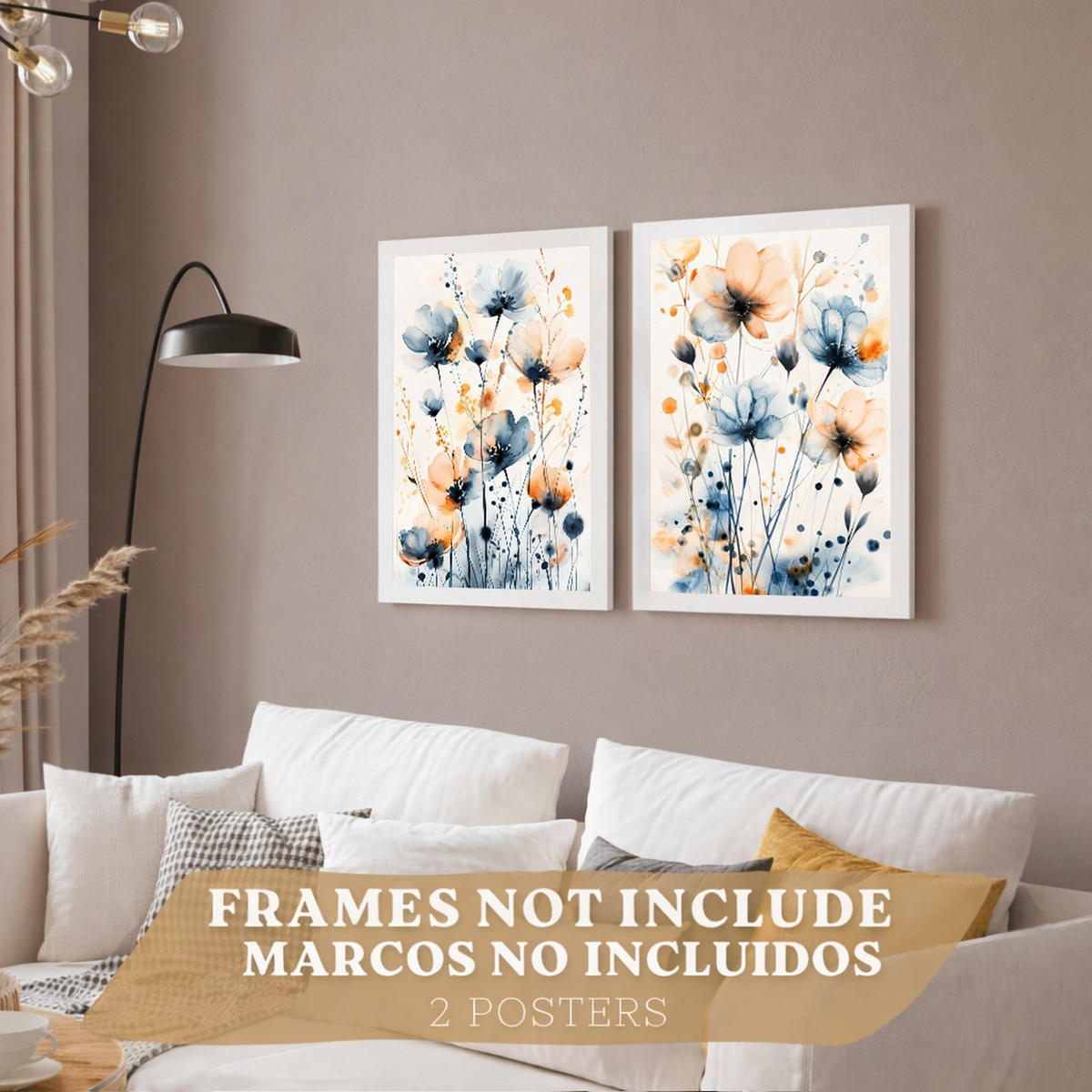 PLAKAT Sada 2 Modro-oranžový květ A4 bez rámu - čirá, papír (29.7/1/21cm) - Nacnic
