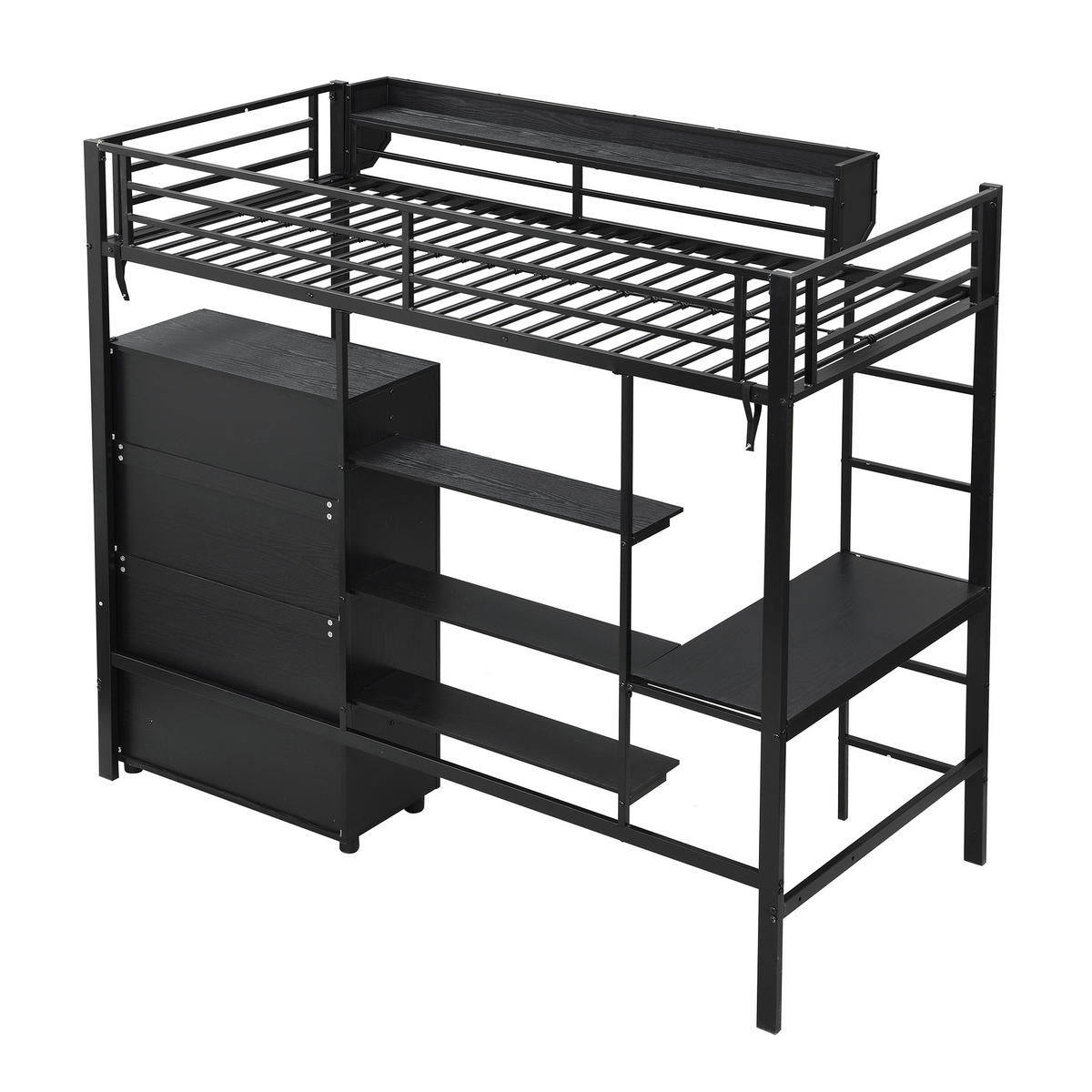 HOCHBETT 90/200 cm DE-02260, in Schwarz, mit Stauraum und Kleiderschrank - Schwarz, Holzwerkstoff/Metall (90/200cm) - ComfortXL