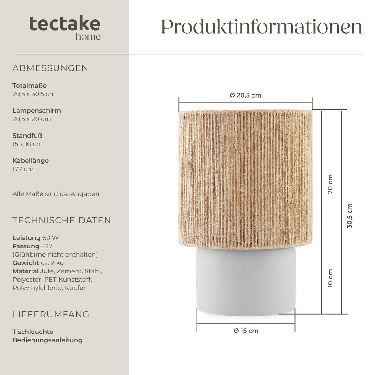 TISCHLEUCHTE Klea,Zementfuß mit Schaumstoffschoner, 20,5 x 30,5 cm,natur - Naturfarben, Metall (20.5/20.5/30.5cm) - tectake