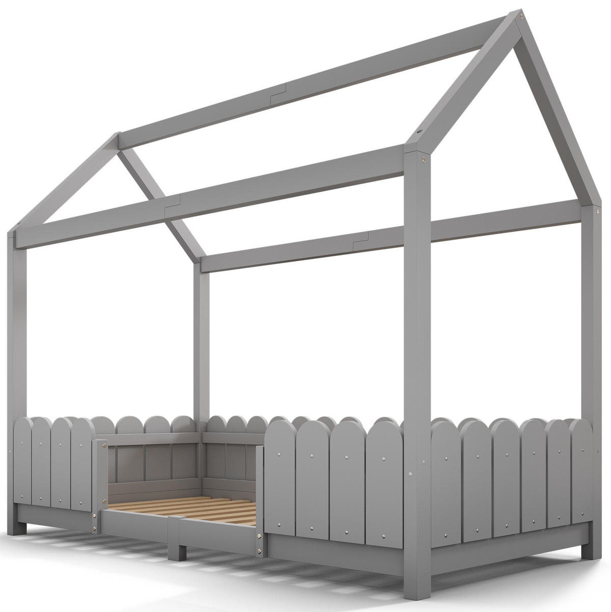 DĚTSKÁ postýlka 90/200 cm s domečkovým designem, zábranou proti pádu a lamelovým roštem, Šedá - šedá, dřevo (90/90cm) - Redom