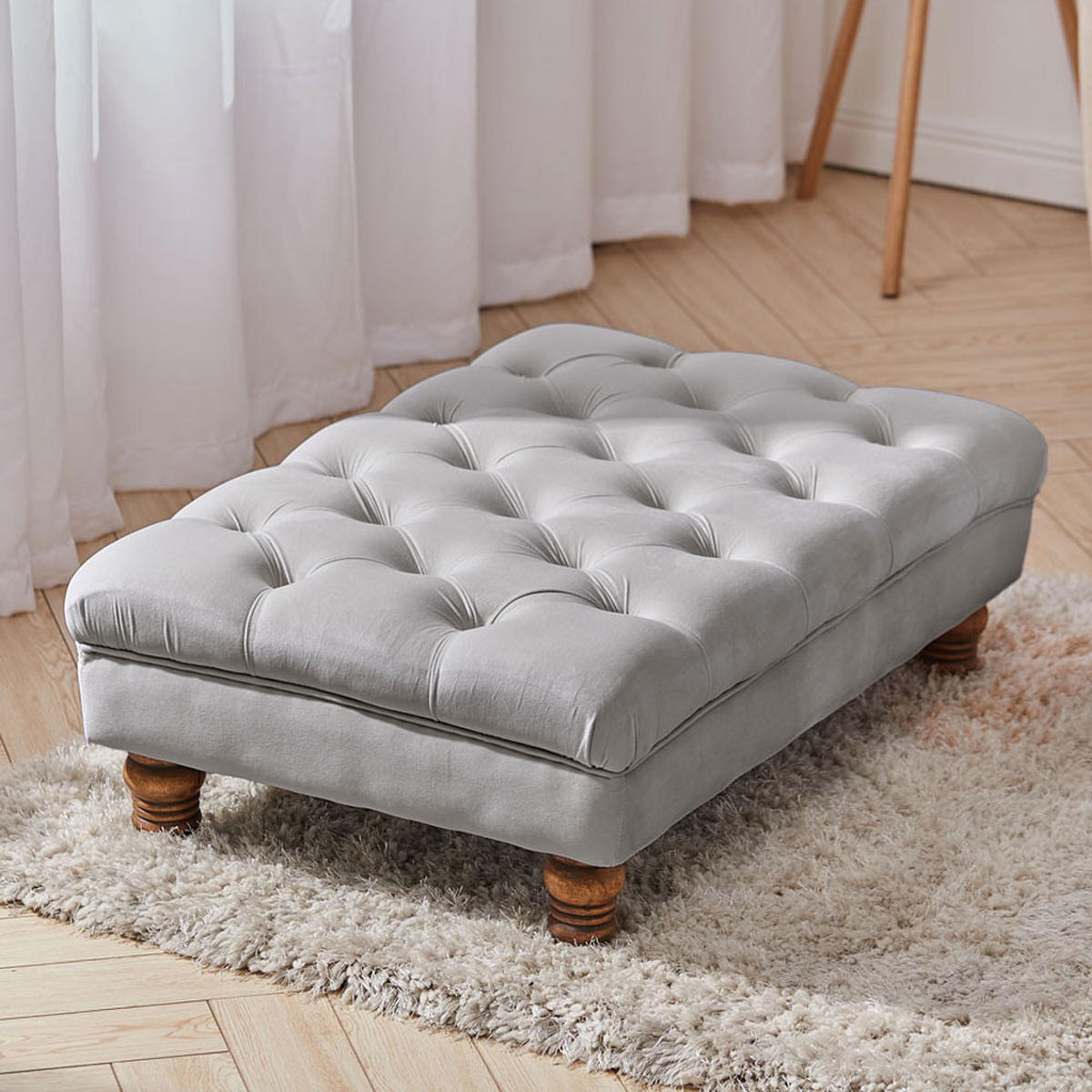 POLSTERHOCKER 90/60/30 cm Knopfheftung Holzbeine Flanell Grau - Walnussfarben/Grau, Holz/Textil (90/30/60cm) - Livingandhome