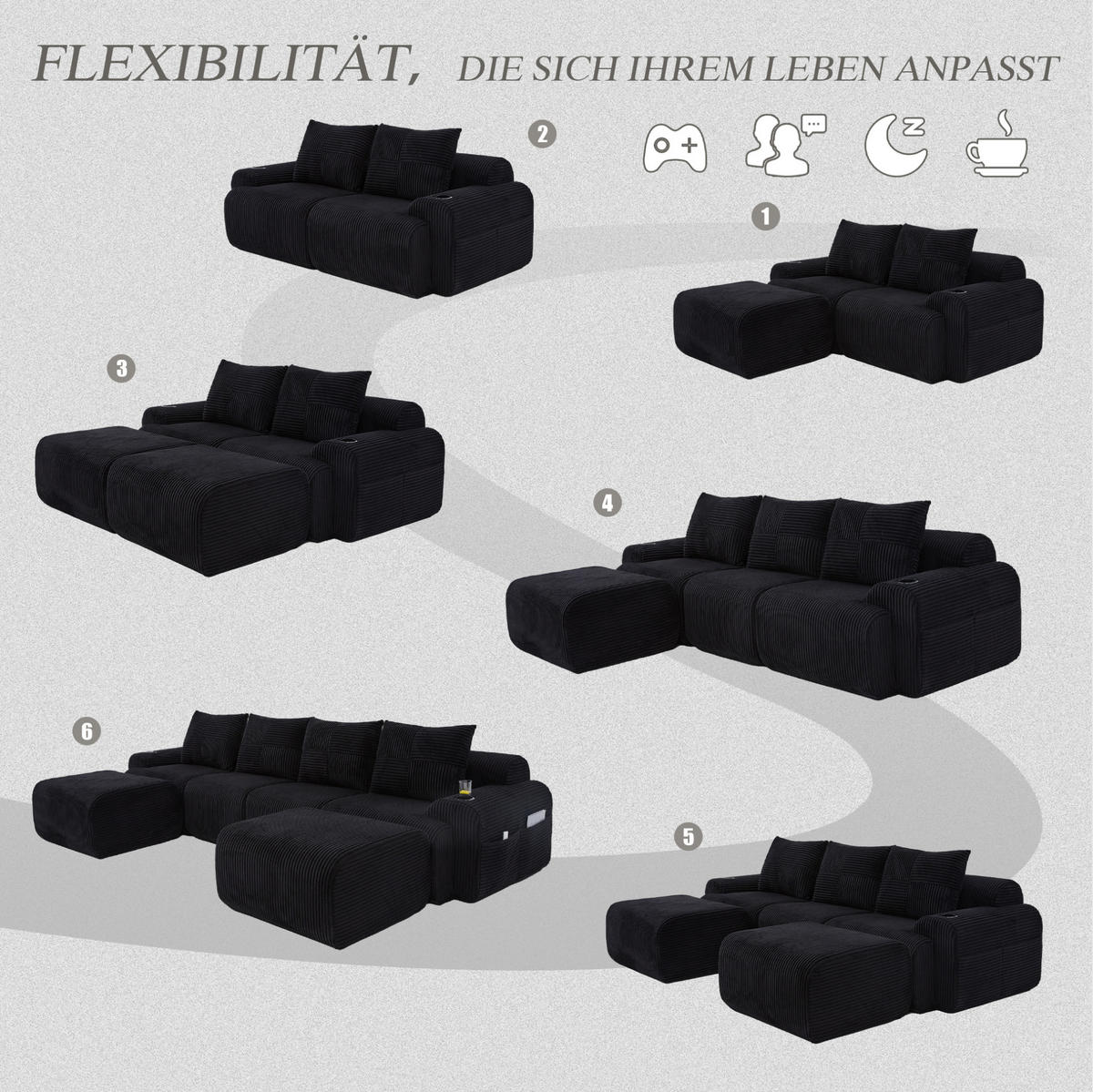 WOHNLANDSCHAFT Modulares Sofa 333/174/80 cm schwarz aus Cord mit Getränkehalter und Seitentasche - Schwarz, Textil (174/80/333cm) - Modenvie