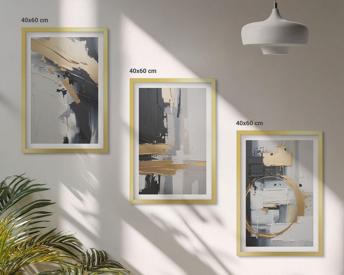 WANDBILDER 3er Set - 40x60 cm Goldrahmen - Abstrakte Schwarz-Weiß-Malerei - Goldfarben, Kunststoff (40/60cm) - ArtPrintCave