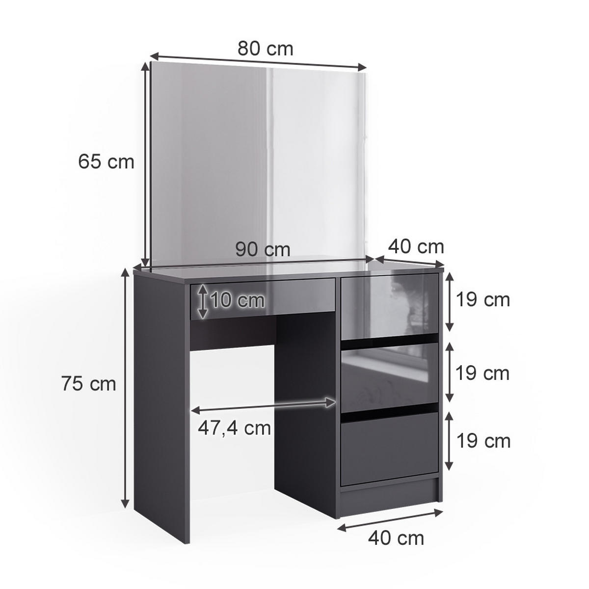 SCHMINKTISCH Sherry Anthrazit 90 cm mit Spiegel - Anthrazit, Holzwerkstoff (90/75/40cm) - Vicco