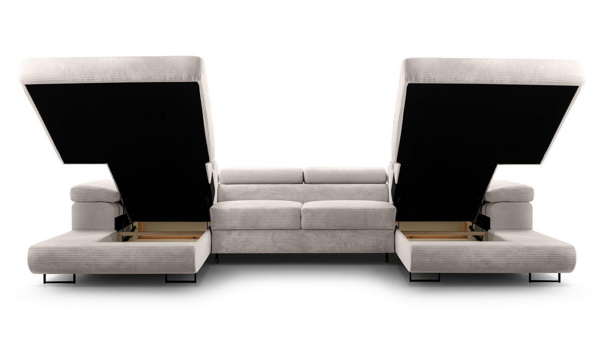 WOHNLANDSCHAFT Arborio Weiß 352/202/90 cm mit Schlaffunktion - Creme/Schwarz, Textil/Metall (352/90/202cm) - AX Living