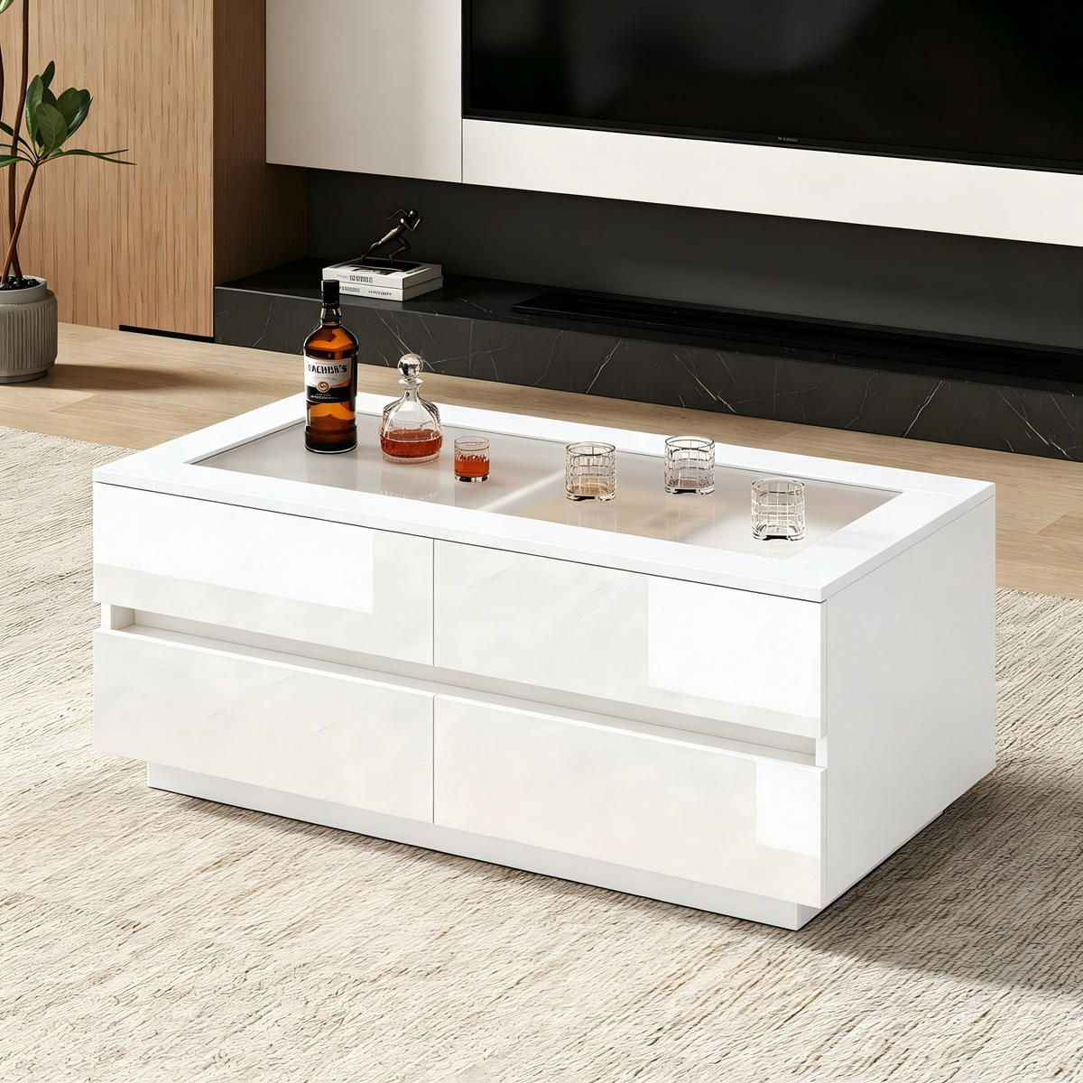 COUCHTISCH 100x50x40cm Weiß mit LED und 4 Schubladen - Weiß, Holzwerkstoff (50/100/40cm) - FLIEKS