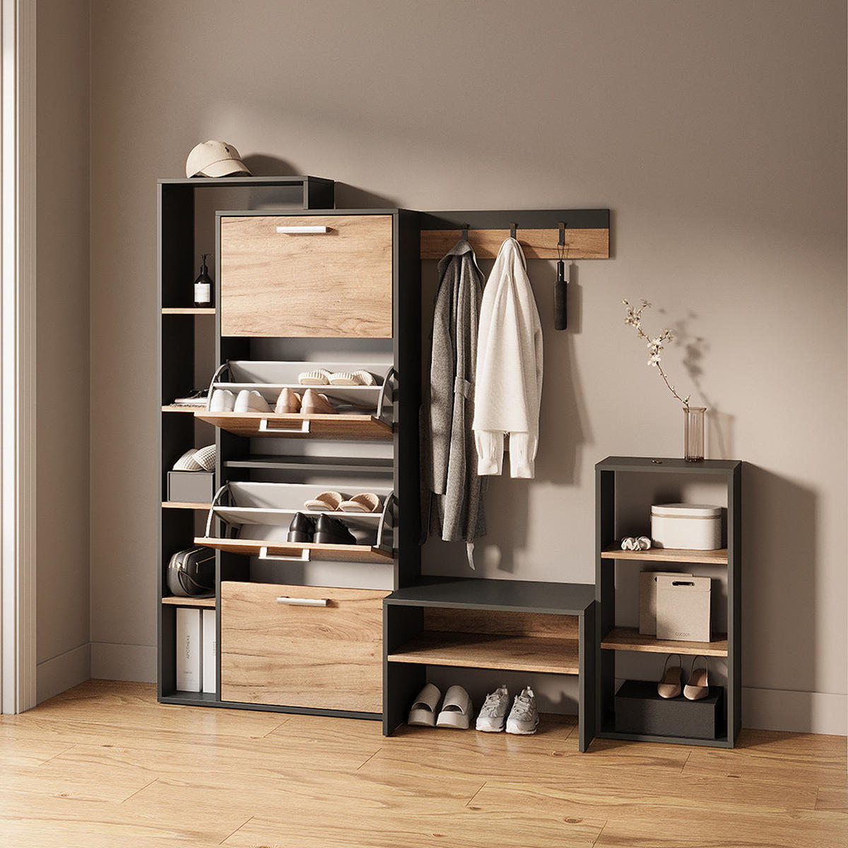 SCHUHKIPPER Ortello Goldkraft Eiche/Anthrazit 80 x 166.1 cm mit 4 Fächern - Honigeiche/Anthrazit, Holzwerkstoff (80/166.1/24.2cm) - Livinity®