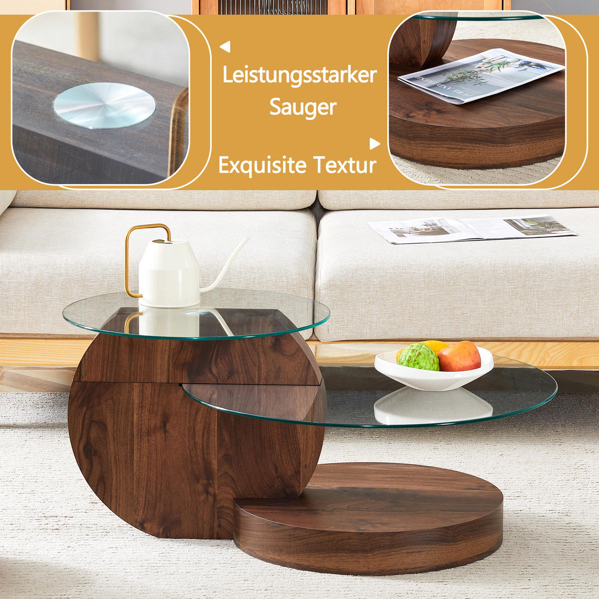 COUCHTISCH Ø 50/70 cm Transparent Nussbaum MDF Glas mit Ablagen - Walnussfarben, Holzwerkstoff (90/70/44cm) - OKWISH