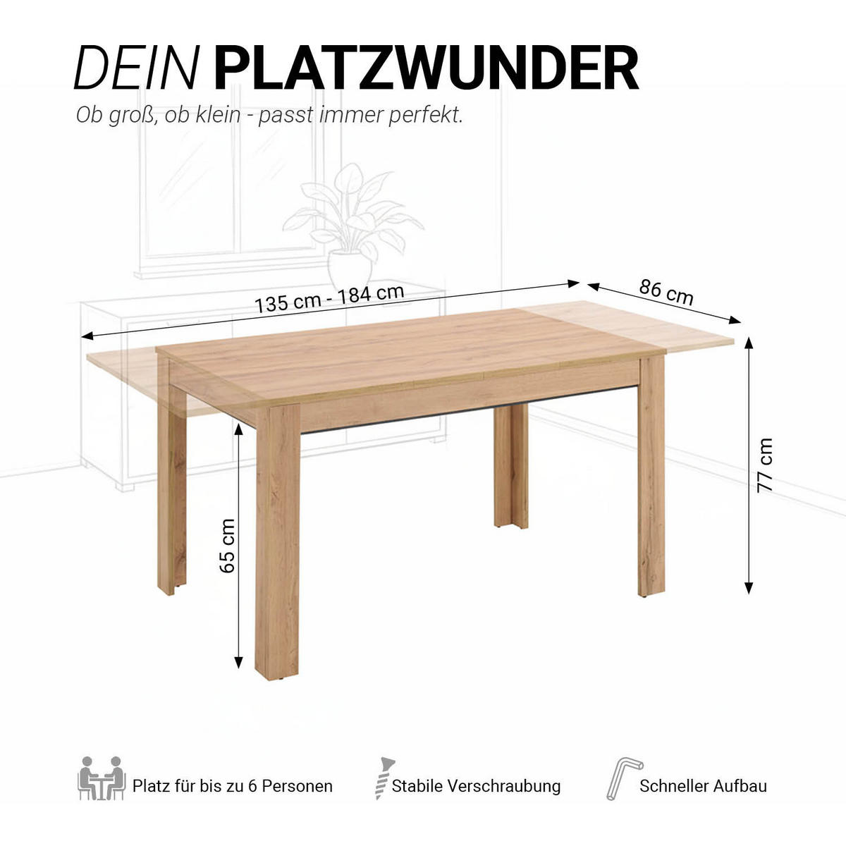 ESSTISCH in Naturholz 135x86 cm cm ausziehbar - Naturfarben, Holz (86/135/77cm) - Homestyle4u