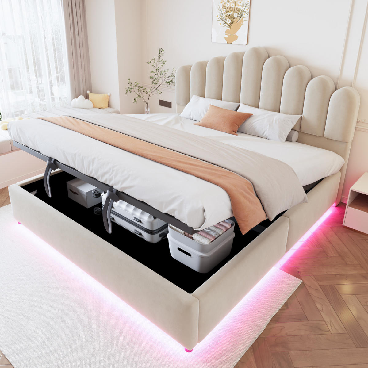 POLSTERBETT 180/200 cm in Beige mit Bettkasten, LED und Lattenrost aus Samt - Beige, Holzwerkstoff/Textil (180/200cm) - STILVORA