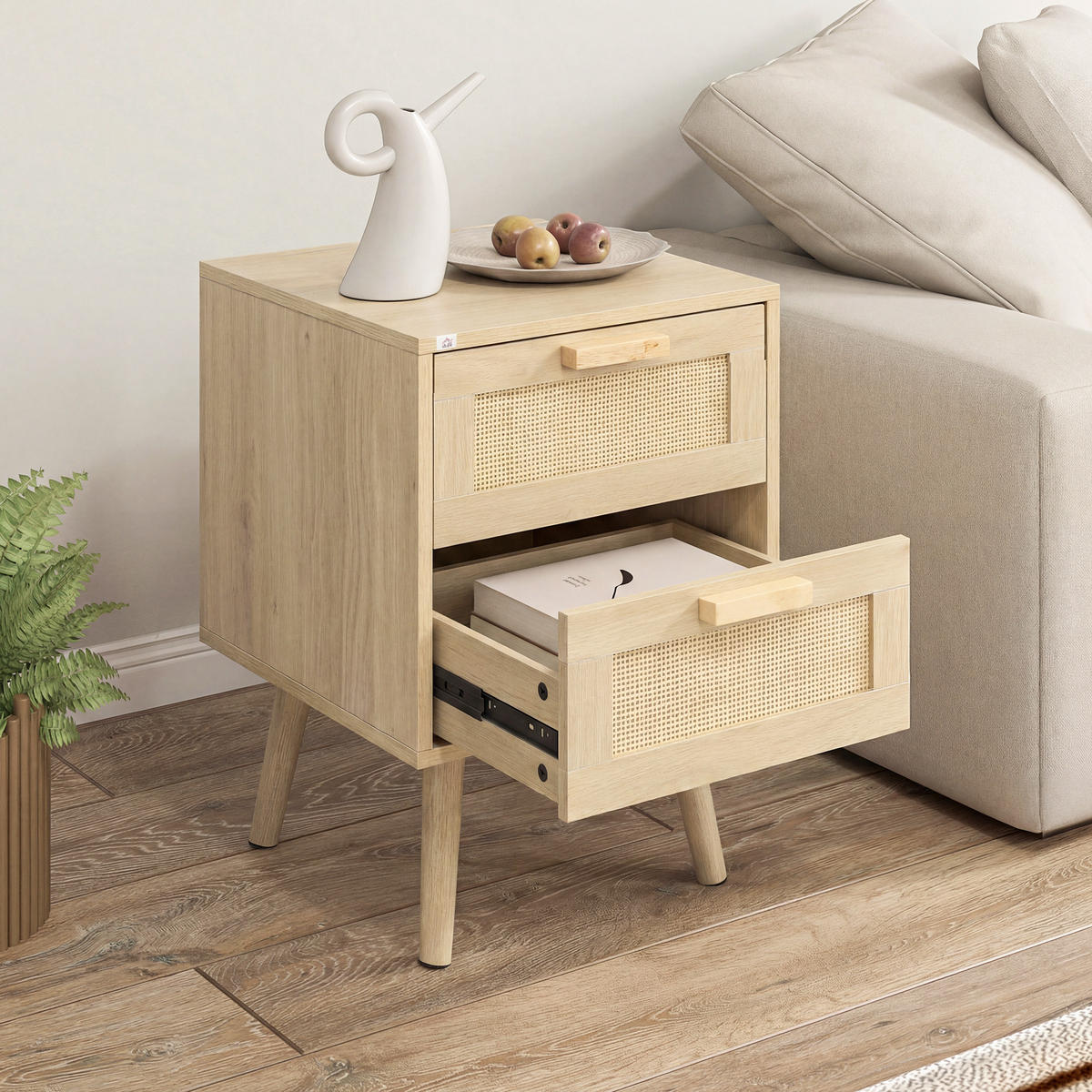 NACHTSCHRANK 2er-Set DE-12815 2 Schubladen mit Rattan Naturholz - Naturfarben, Holzwerkstoff (40/56/40cm) - ComfortXL